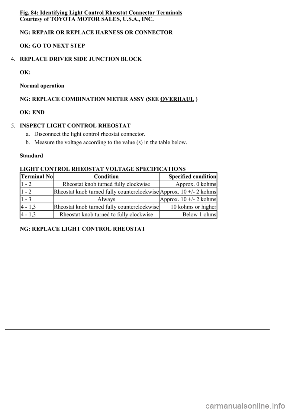 LEXUS LS430 2003  Factory Repair Manual Fig. 84: Identifying Light Control Rheostat Connector Terminals
Courtesy of TOYOTA MOTOR SALES, U.S.A., INC. 
NG: REPAIR OR REPLACE HARNESS OR CONNECTOR  
OK: GO TO NEXT STEP  
4.REPLACE DRIVER SIDE J