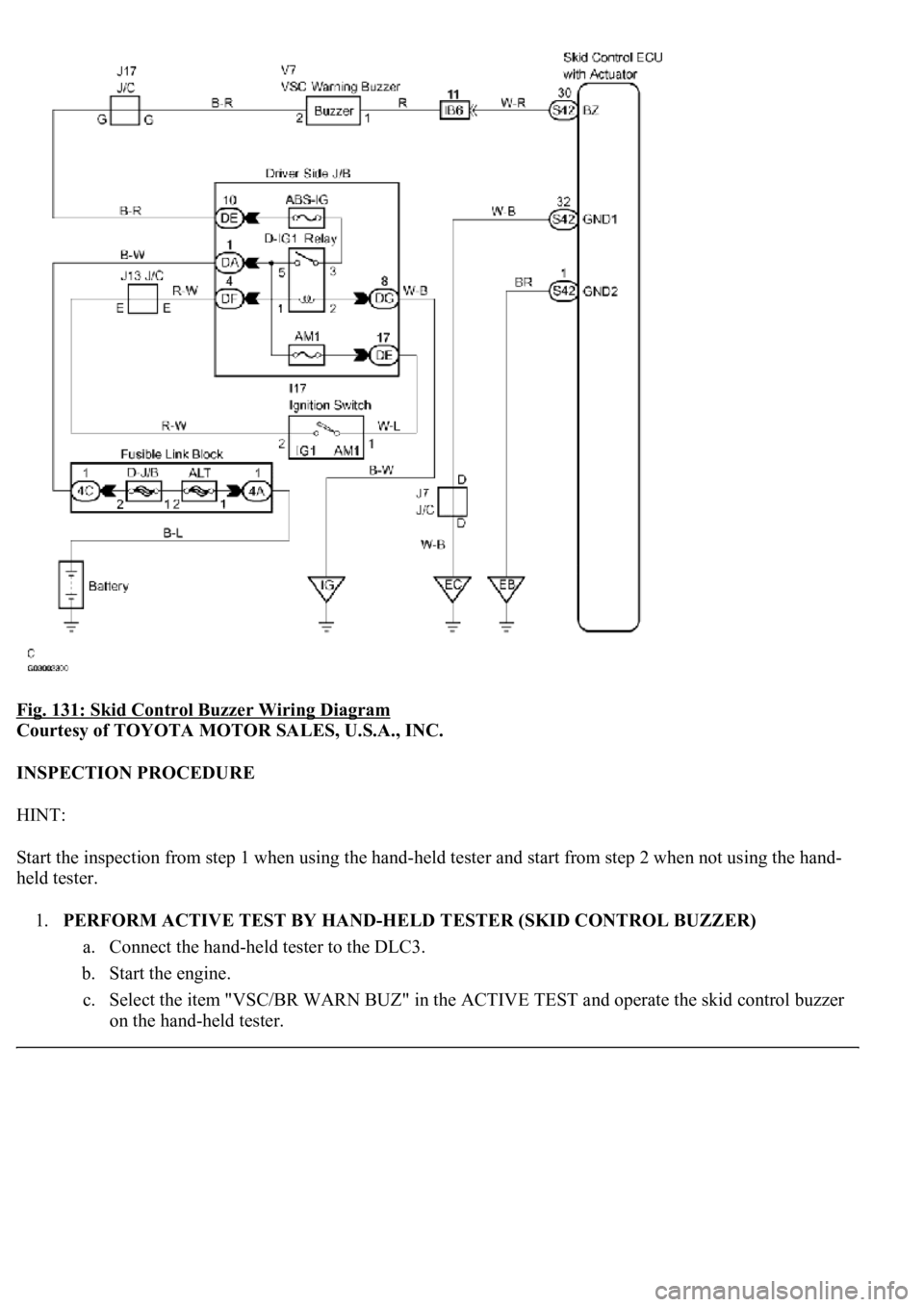 LEXUS LS430 2003  Factory Repair Manual Fig. 131: Skid Control Buzzer Wiring Diagram 
Courtesy of TOYOTA MOTOR SALES, U.S.A., INC. 
INSPECTION PROCEDURE 
HINT: 
Start the inspection from step 1 when using the hand-held tester and start from