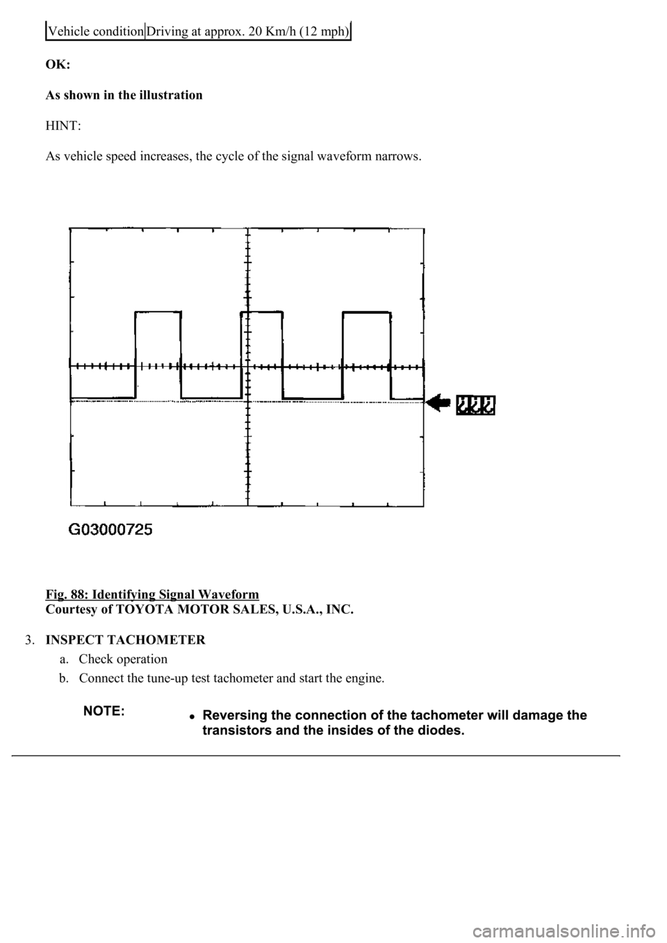 LEXUS LS430 2003  Factory Repair Manual OK:  
As shown in the illustration  
HINT: 
As vehicle speed increases, the cycle of the signal waveform narrows. 
Fig. 88: Identifying Signal Waveform
 
Courtesy of TOYOTA MOTOR SALES, U.S.A., INC. 
