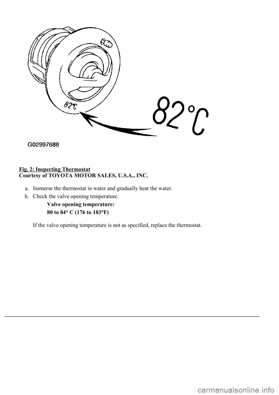 LEXUS LS430 2003  Factory Repair Manual Fig. 2: Inspecting Thermostat 
Courtesy of TOYOTA MOTOR SALES, U.S.A., INC. 
a. Immerse the thermostat in water and gradually heat the water.  
b. Check the valve opening temperature. 
Valve opening t