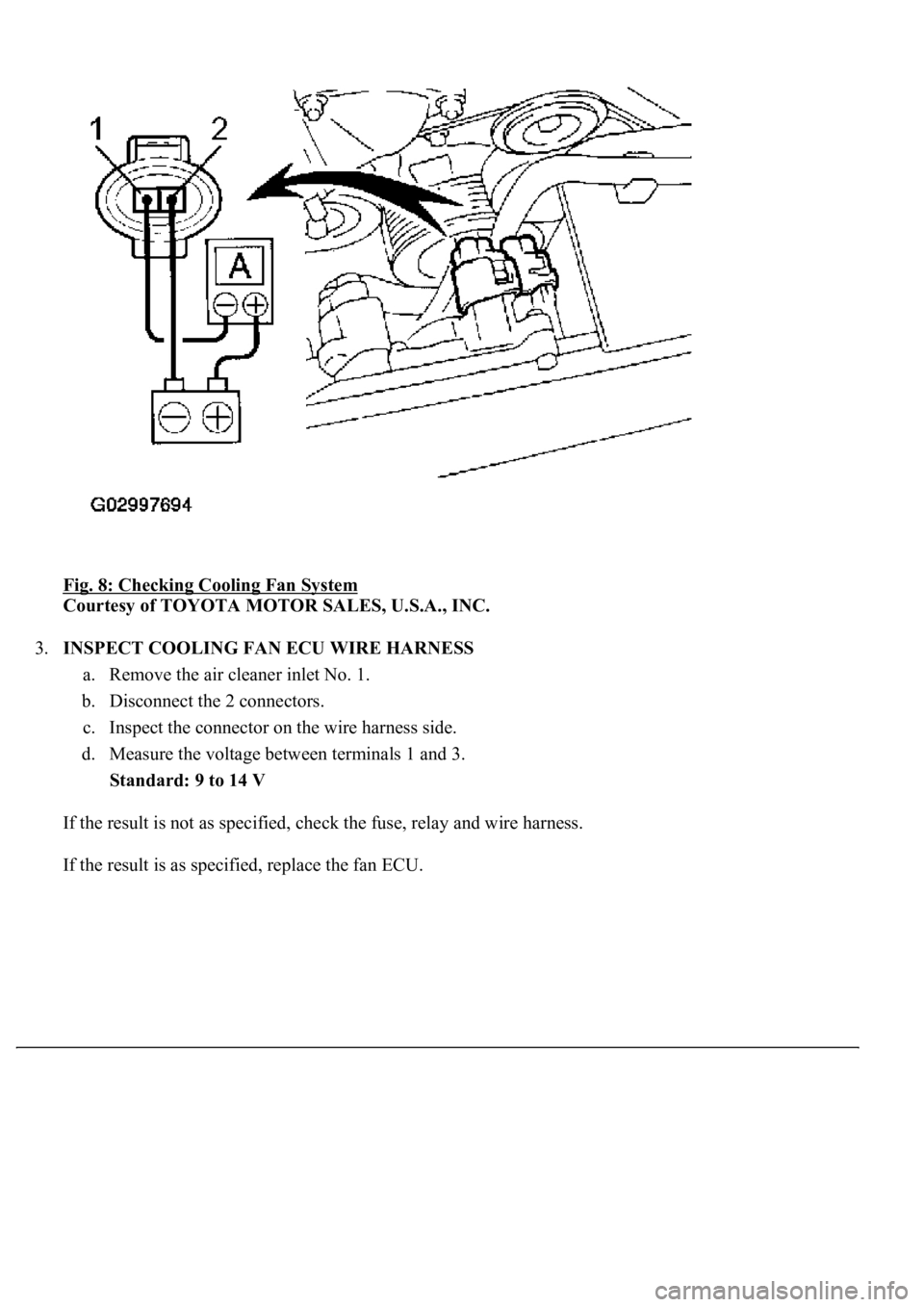 LEXUS LS430 2003 Factory Service Manual Fig. 8: Checking Cooling Fan System
Courtesy of TOYOTA MOTOR SALES, U.S.A., INC.
3.INSPECT COOLING FAN ECU WIRE HARNESS
a. Remove the air cleaner inlet No. 1.
b. Disconnect the 2 connectors.
c. LEXUS LS430 2003 Factory Service Manual Fig. 8: Checking Cooling Fan System
Courtesy of TOYOTA MOTOR SALES, U.S.A., INC.
3.INSPECT COOLING FAN ECU WIRE HARNESS
a. Remove the air cleaner inlet No. 1.
b. Disconnect the 2 connectors.
c.