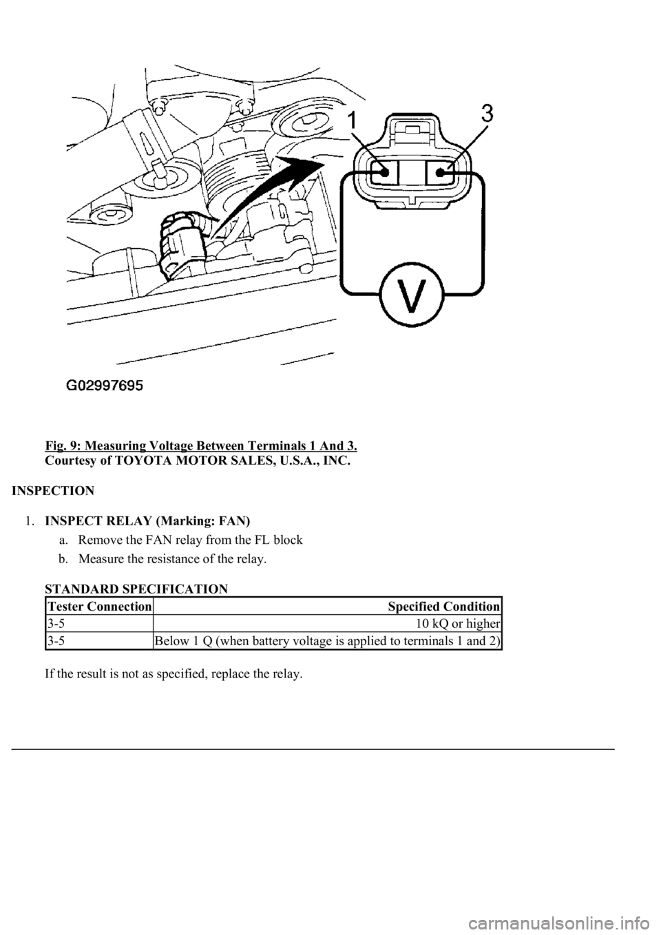 LEXUS LS430 2003 Factory Workshop Manual Fig. 9: Measuring Voltage Between Terminals 1 And 3.
Courtesy of TOYOTA MOTOR SALES, U.S.A., INC.
INSPECTION
1.INSPECT RELAY (Marking: FAN)
a. Remove the FAN relay from the FL block
b. Measure t LEXUS LS430 2003 Factory Workshop Manual Fig. 9: Measuring Voltage Between Terminals 1 And 3.
Courtesy of TOYOTA MOTOR SALES, U.S.A., INC.
INSPECTION
1.INSPECT RELAY (Marking: FAN)
a. Remove the FAN relay from the FL block
b. Measure t