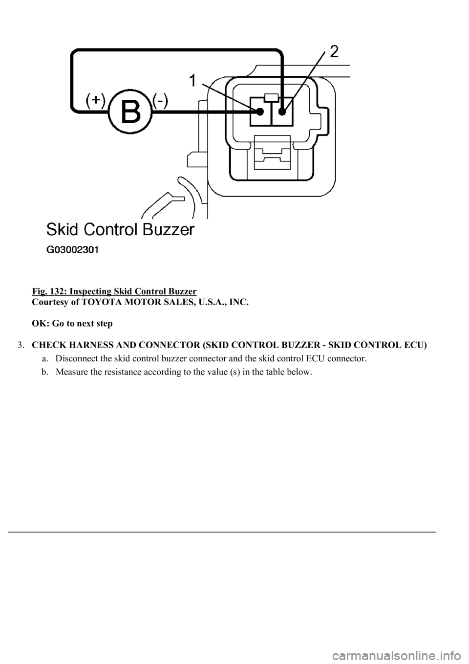 LEXUS LS430 2003  Factory Repair Manual Fig. 132: Inspecting Skid Control Buzzer 
Courtesy of TOYOTA MOTOR SALES, U.S.A., INC. 
OK: Go to next step  
3.CHECK HARNESS AND CONNECTOR (SKID CONTROL BUZZER - SKID CONTROL ECU) 
a. Disconnect the 