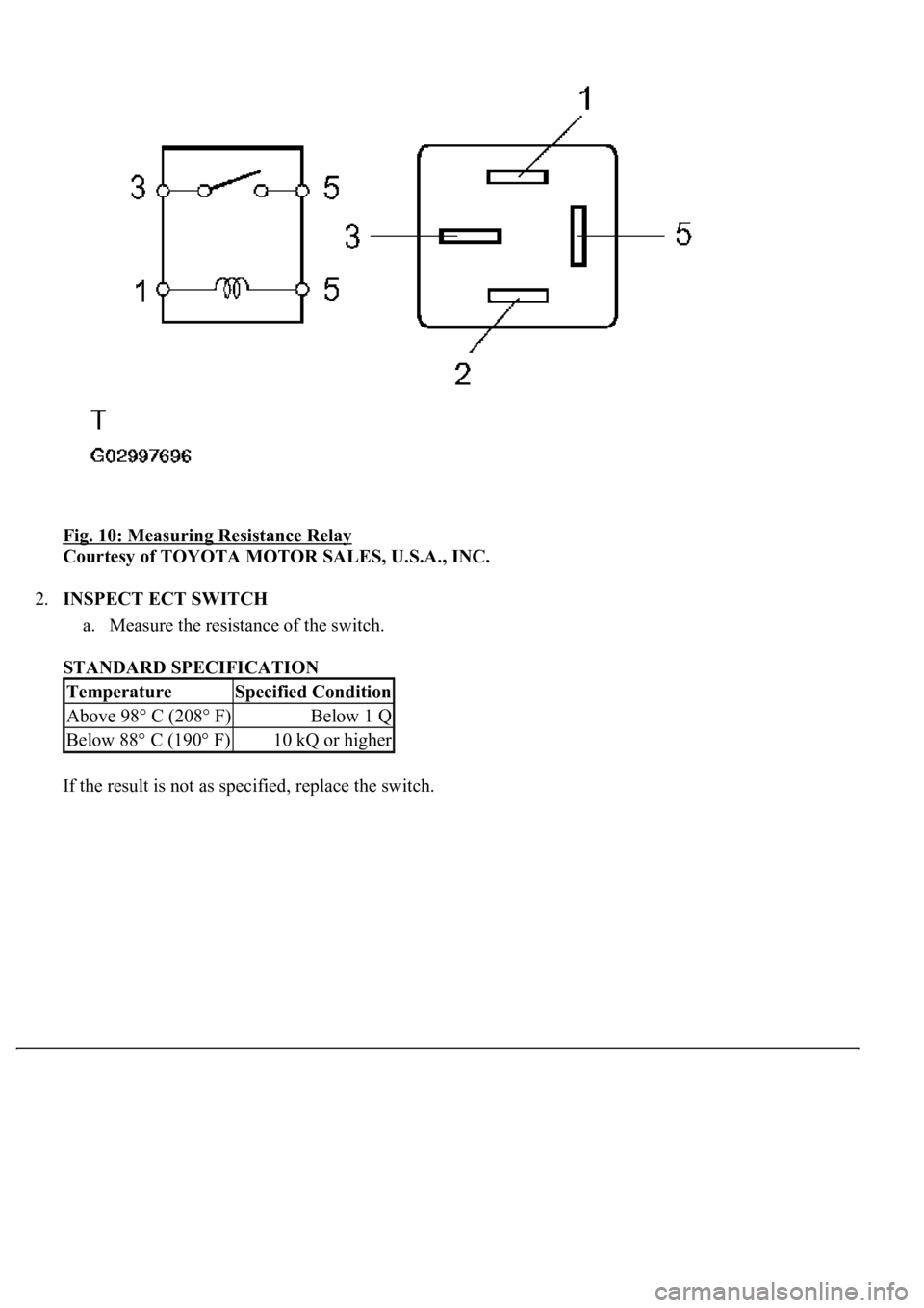 LEXUS LS430 2003 Factory Workshop Manual Fig. 10: Measuring Resistance Relay
Courtesy of TOYOTA MOTOR SALES, U.S.A., INC.
2.INSPECT ECT SWITCH
a. Measure the resistance of the switch.
STANDARD SPECIFICATION
If the result is not as spec LEXUS LS430 2003 Factory Workshop Manual Fig. 10: Measuring Resistance Relay
Courtesy of TOYOTA MOTOR SALES, U.S.A., INC.
2.INSPECT ECT SWITCH
a. Measure the resistance of the switch.
STANDARD SPECIFICATION
If the result is not as spec