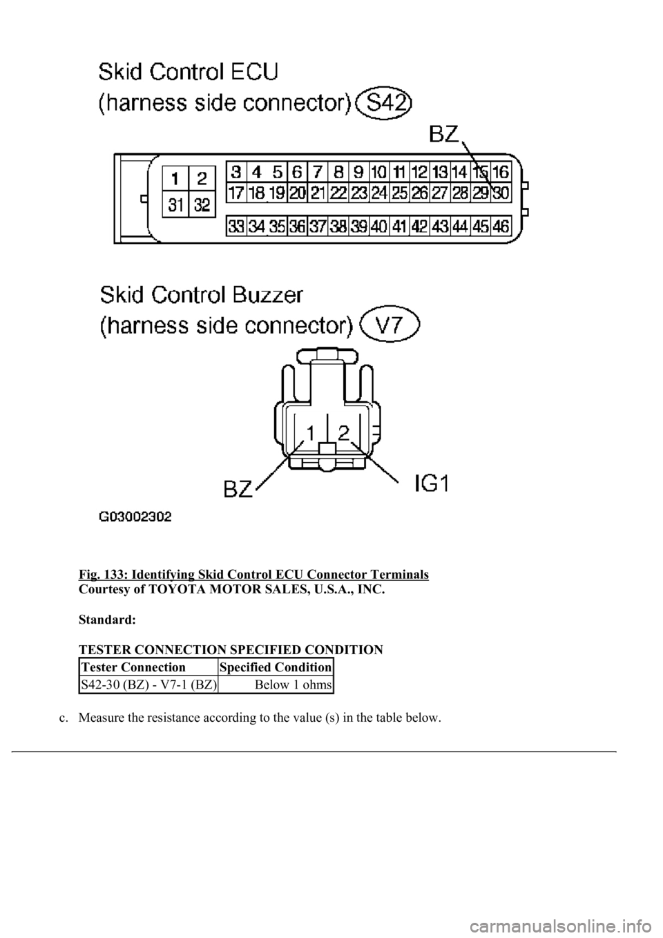 LEXUS LS430 2003  Factory Repair Manual Fig. 133: Identifying Skid Control ECU Connector Terminals 
Courtesy of TOYOTA MOTOR SALES, U.S.A., INC. 
Standard:  
TESTER CONNECTION SPECIFIED CONDITION 
c. Measure the resistance accordin
g to the