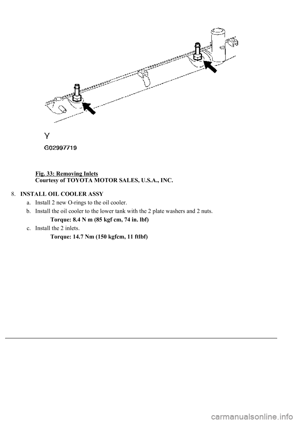 LEXUS LS430 2003  Factory Repair Manual Fig. 33: Removing Inlets 
Courtesy of TOYOTA MOTOR SALES, U.S.A., INC. 
8.INSTALL OIL COOLER ASSY 
a. Install 2 new O-rings to the oil cooler.  
b. Install the oil cooler to the lower tank with the 2 