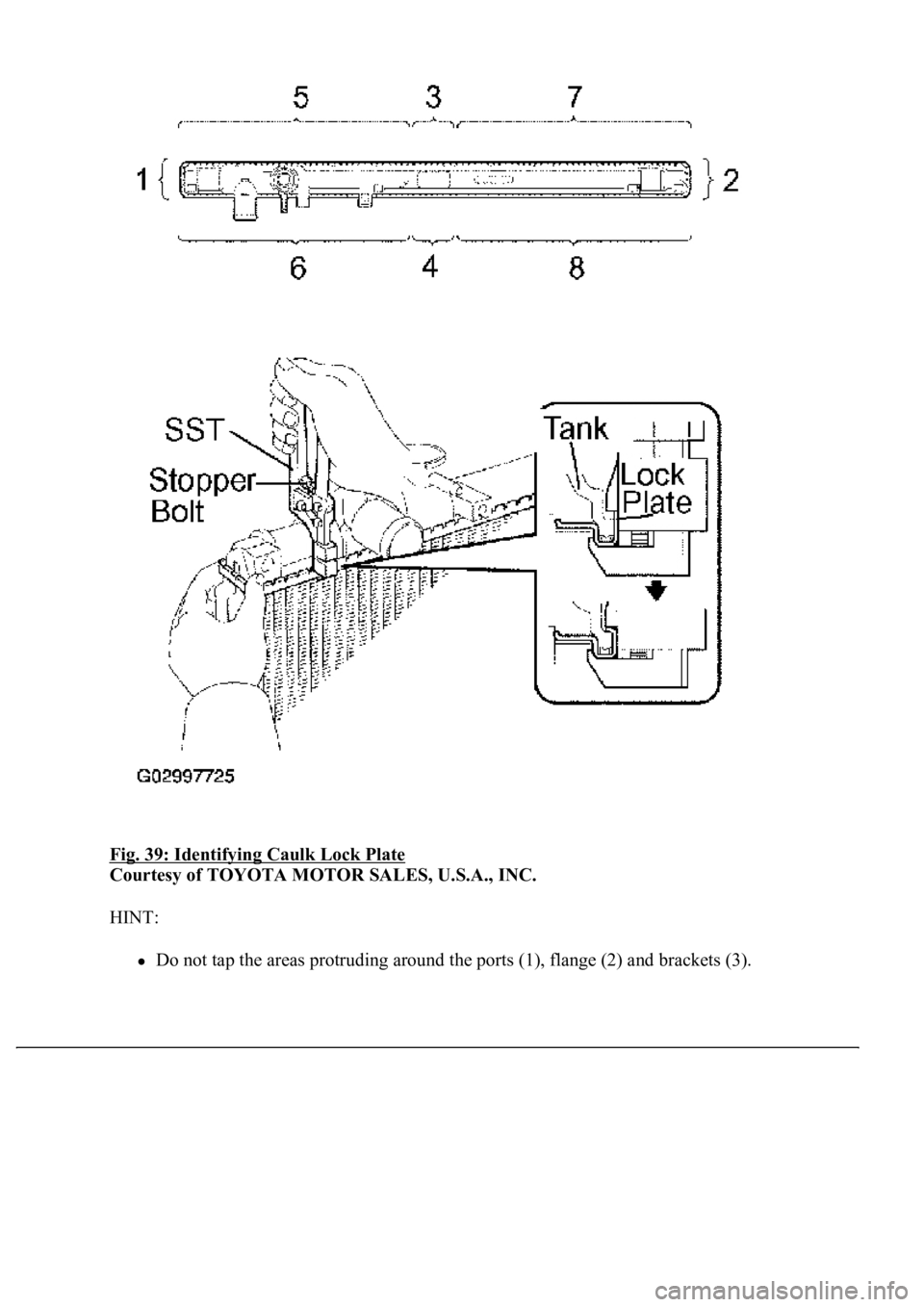 LEXUS LS430 2003  Factory Repair Manual Fig. 39: Identifying Caulk Lock Plate 
Courtesy of TOYOTA MOTOR SALES, U.S.A., INC. 
HINT: 
Do not tap the areas protruding around the ports (1), flange (2) and brackets (3).  