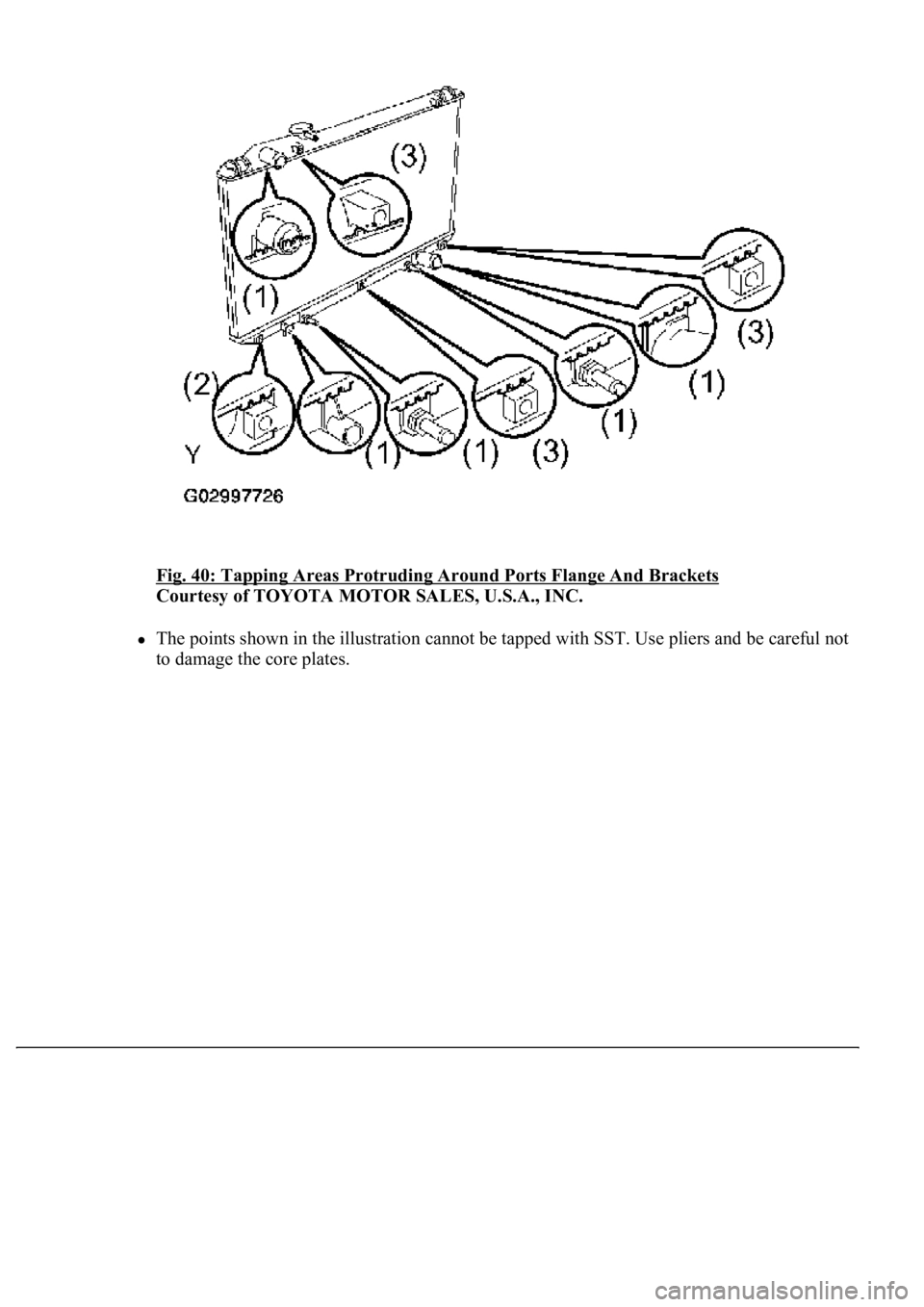 LEXUS LS430 2003  Factory Repair Manual Fig. 40: Tapping Areas Protruding Around Ports Flange And Brackets 
Courtesy of TOYOTA MOTOR SALES, U.S.A., INC. 
The points shown in the illustration cannot be tapped with SST. Use pliers and be care