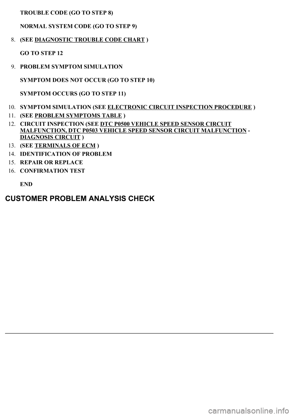LEXUS LS430 2003 Factory Repair Manual TROUBLE CODE (GO TO STEP 8)
NORMAL SYSTEM CODE (GO TO STEP 9)
8.(SEE DIAGNOSTIC TROUBLE CODE CHART
)
GO TO STEP 12
9.PROBLEM SYMPTOM SIMULATION
SYMPTOM DOES NOT OCCUR (GO TO STEP 10)
SYMPTOM LEXUS LS430 2003 Factory Repair Manual TROUBLE CODE (GO TO STEP 8)
NORMAL SYSTEM CODE (GO TO STEP 9)
8.(SEE DIAGNOSTIC TROUBLE CODE CHART
)
GO TO STEP 12
9.PROBLEM SYMPTOM SIMULATION
SYMPTOM DOES NOT OCCUR (GO TO STEP 10)
SYMPTOM
