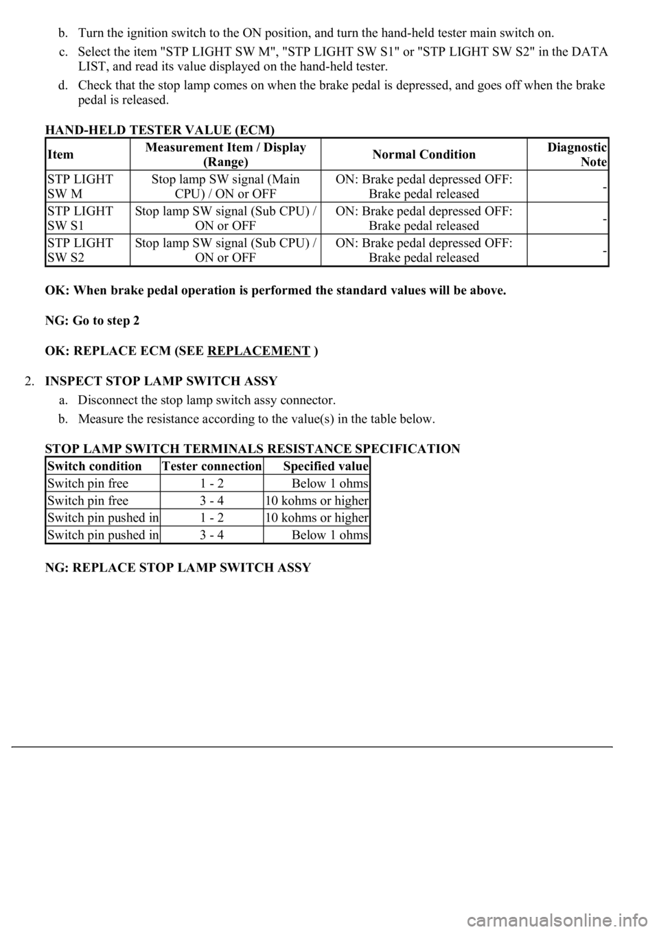 LEXUS LS430 2003 Factory Repair Manual b. Turn the ignition switch to the ON position, and turn the hand-held tester main switch on.
c. Select the item "STP LIGHT SW M", "STP LIGHT SW S1" or "STP LIGHT SW S2" in t LEXUS LS430 2003 Factory Repair Manual b. Turn the ignition switch to the ON position, and turn the hand-held tester main switch on.
c. Select the item "STP LIGHT SW M", "STP LIGHT SW S1" or "STP LIGHT SW S2" in t