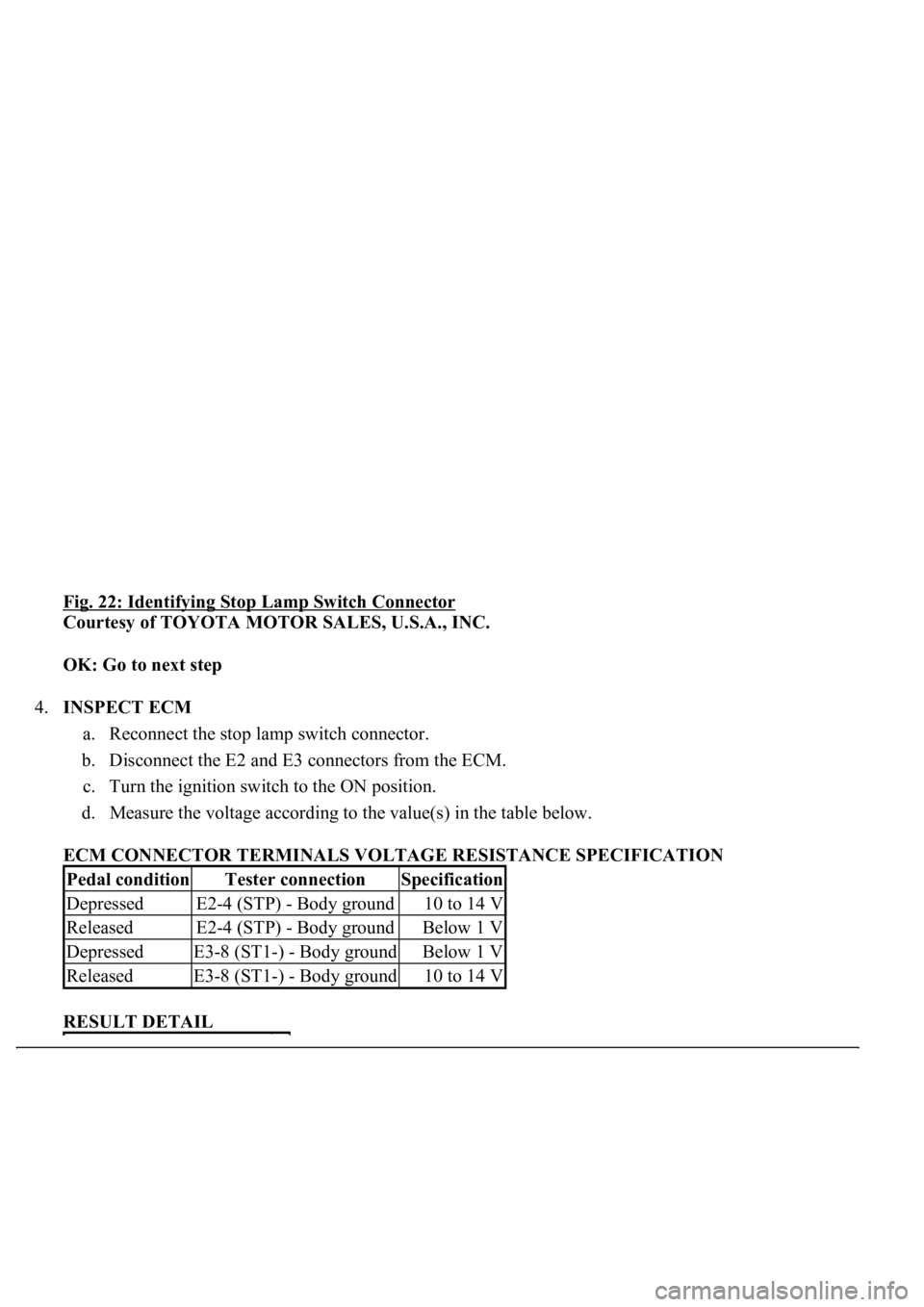 LEXUS LS430 2003  Factory Repair Manual Fig. 22: Identifying Stop Lamp Switch Connector 
Courtesy of TOYOTA MOTOR SALES, U.S.A., INC. 
OK: Go to next step  
4.INSPECT ECM 
a. Reconnect the stop lamp switch connector.  
b. Disconnect the E2 