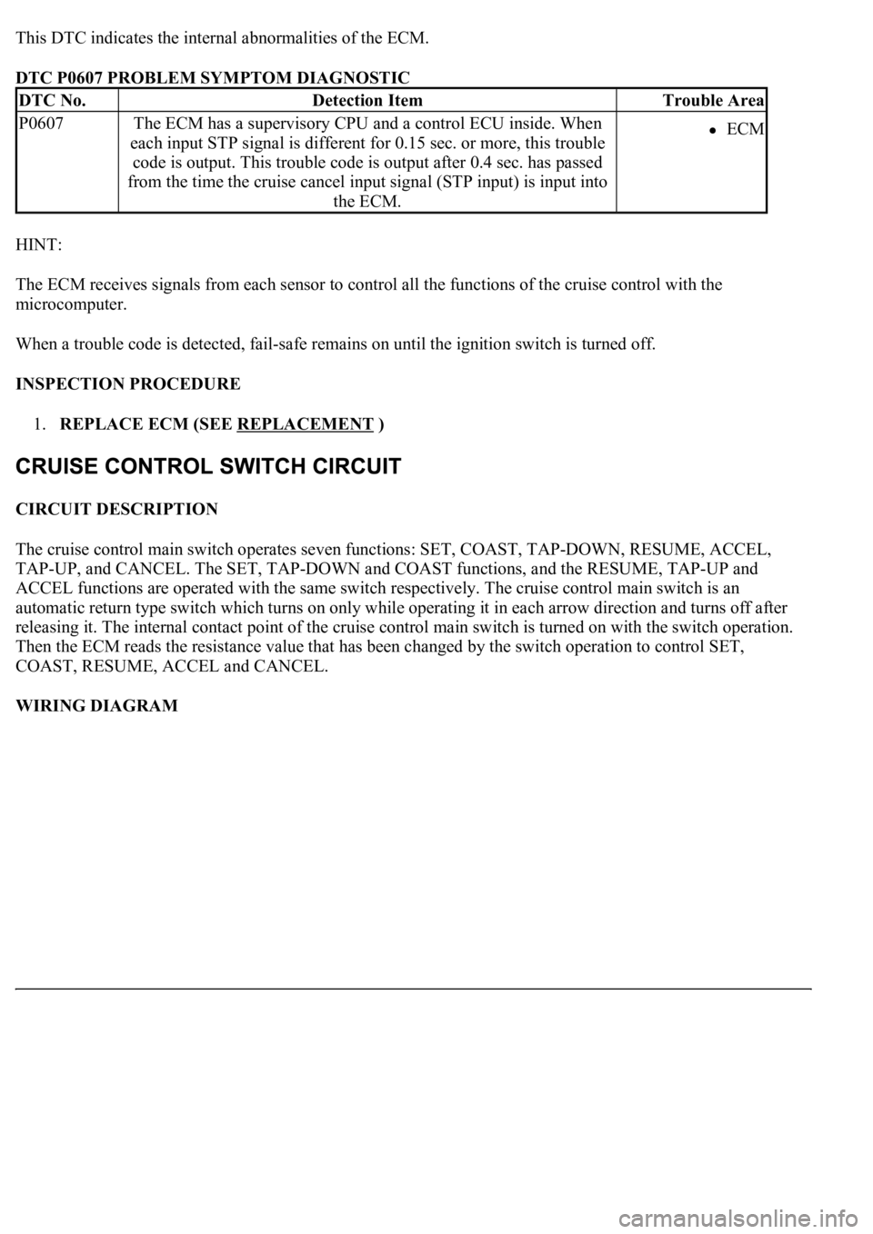 LEXUS LS430 2003 Factory Repair Manual This DTC indicates the internal abnormalities of the ECM.
DTC P0607 PROBLEM SYMPTOM DIAGNOSTIC
HINT:
The ECM receives signals from each sensor to control all the functions of the cruise control with LEXUS LS430 2003 Factory Repair Manual This DTC indicates the internal abnormalities of the ECM.
DTC P0607 PROBLEM SYMPTOM DIAGNOSTIC
HINT:
The ECM receives signals from each sensor to control all the functions of the cruise control with