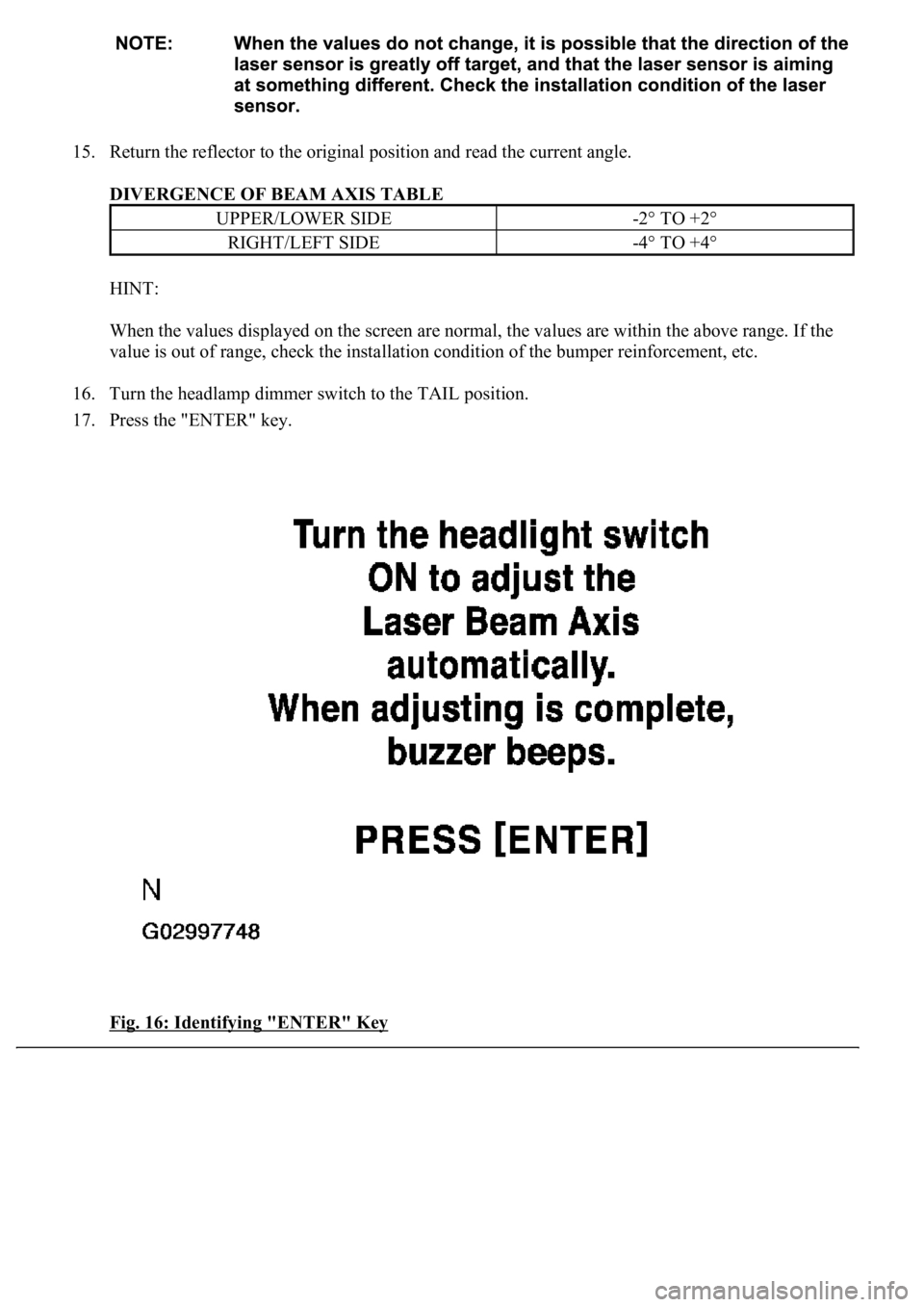 LEXUS LS430 2003  Factory Repair Manual 15. Return the reflector to the original position and read the current angle. 
DIVERGENCE OF BEAM AXIS TABLE 
HINT: 
When the values displayed on the screen are normal, the values are within the above