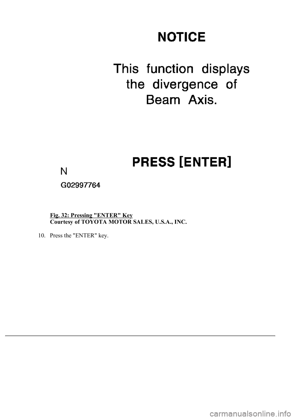 LEXUS LS430 2003  Factory Repair Manual Fig. 32: Pressing "ENTER" Key 
Courtesy of TOYOTA MOTOR SALES, U.S.A., INC. 
10. Press the "ENTER" key.  