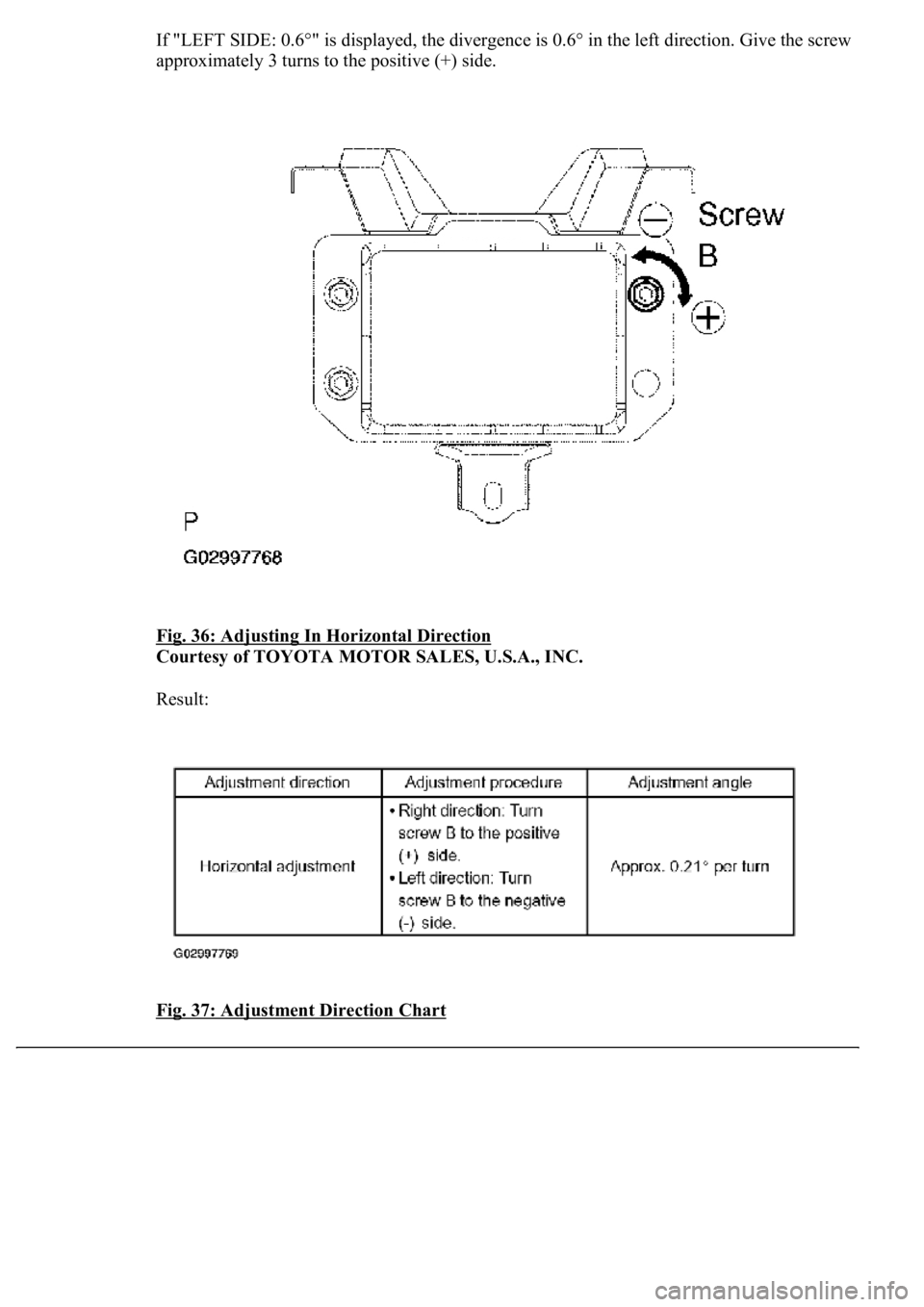 LEXUS LS430 2003  Factory Repair Manual If "LEFT SIDE: 0.6°" is displayed, the divergence is 0.6° in the left direction. Give the screw 
approximately 3 turns to the positive (+) side. 
Fig. 36: Adjusting In Horizontal Direction
 