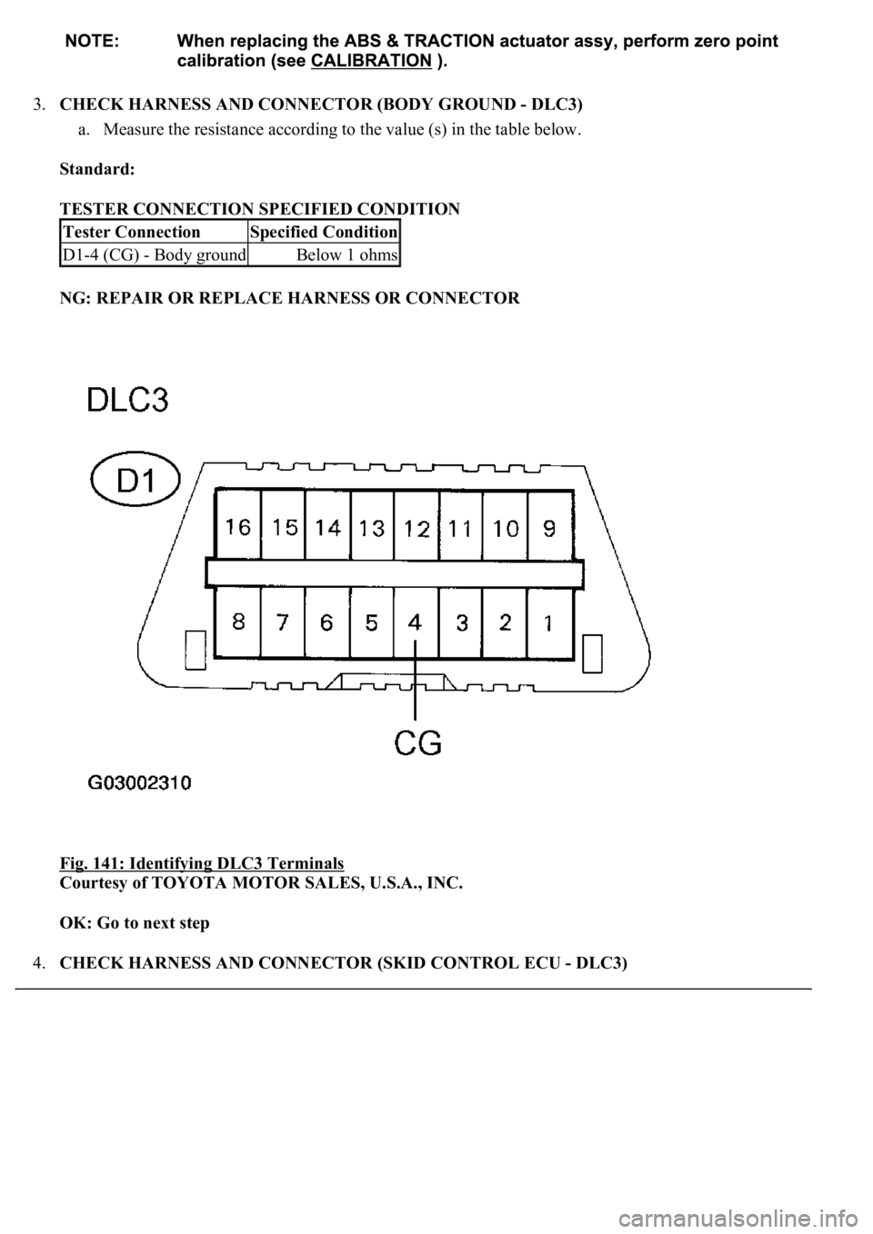 LEXUS LS430 2003  Factory Repair Manual 3.CHECK HARNESS AND CONNECTOR (BODY GROUND - DLC3) 
a. Measure the resistance according to the value (s) in the table below.  
Standard:  
TESTER CONNECTION SPECIFIED CONDITION 
NG: REPAIR OR REPLACE 