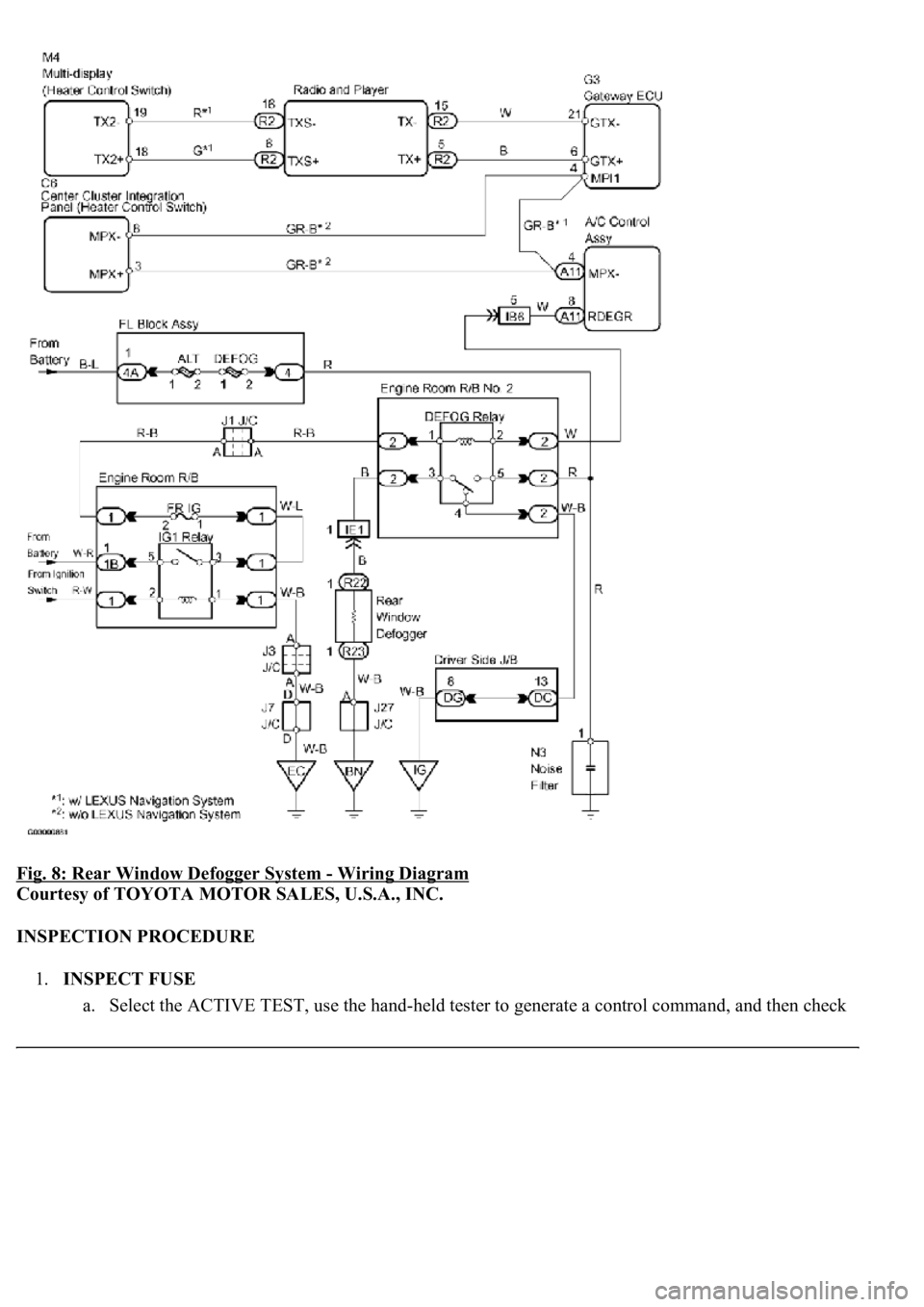 LEXUS LS430 2003 Factory Repair Manual Fig. 8: Rear Window Defogger System - Wiring Diagram
Courtesy of TOYOTA MOTOR SALES, U.S.A., INC.
INSPECTION PROCEDURE
1.INSPECT FUSE
a. Select the ACTIVE TEST, use the han
d-held tester to genera LEXUS LS430 2003 Factory Repair Manual Fig. 8: Rear Window Defogger System - Wiring Diagram
Courtesy of TOYOTA MOTOR SALES, U.S.A., INC.
INSPECTION PROCEDURE
1.INSPECT FUSE
a. Select the ACTIVE TEST, use the han
d-held tester to genera