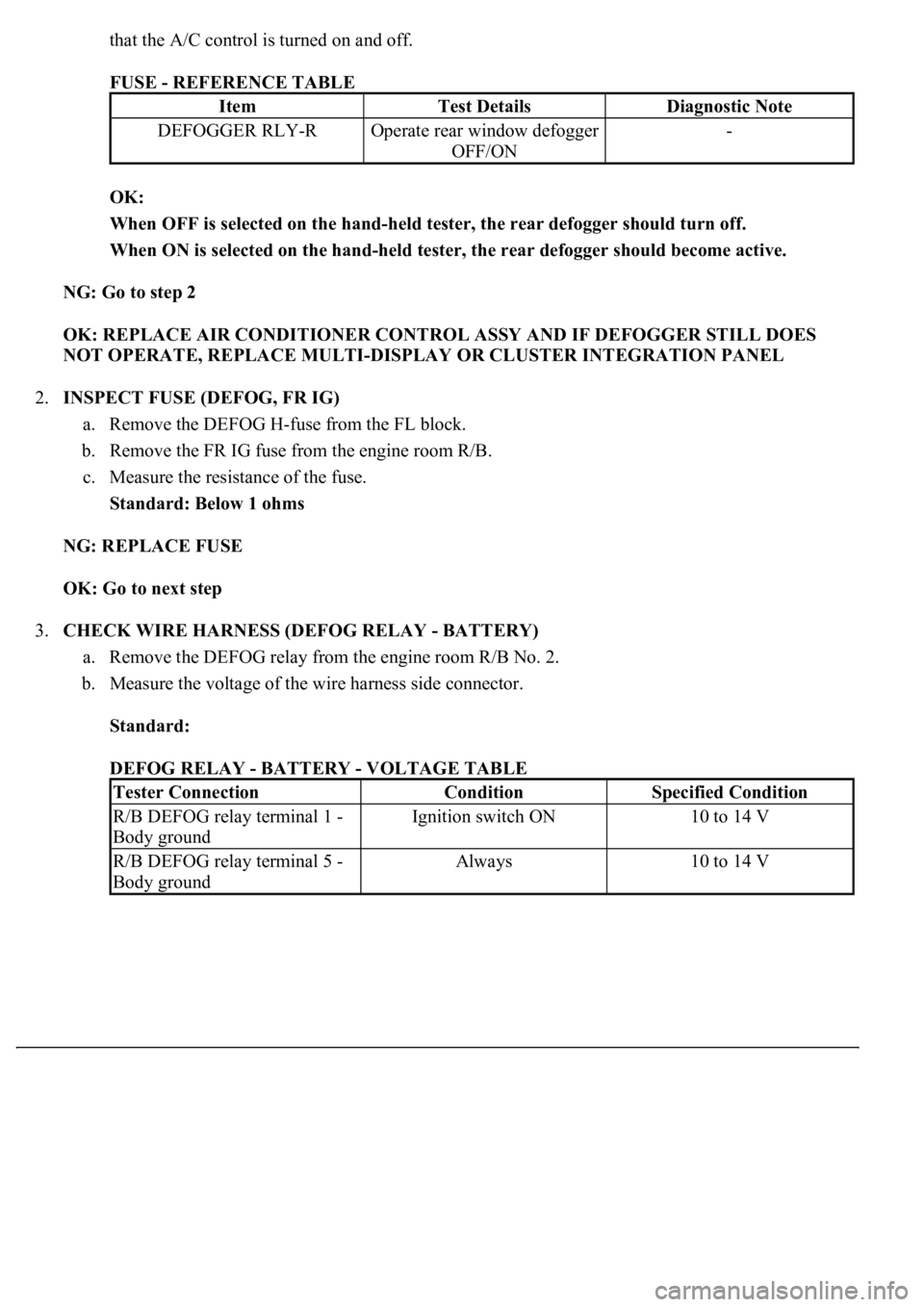 LEXUS LS430 2003 Factory Workshop Manual that the A/C control is turned on and off.
FUSE - REFERENCE TABLE
OK:
When OFF is selected on the hand-held tester, the rear defogger should turn off.
When ON is selected on the hand-held tester LEXUS LS430 2003 Factory Workshop Manual that the A/C control is turned on and off.
FUSE - REFERENCE TABLE
OK:
When OFF is selected on the hand-held tester, the rear defogger should turn off.
When ON is selected on the hand-held tester