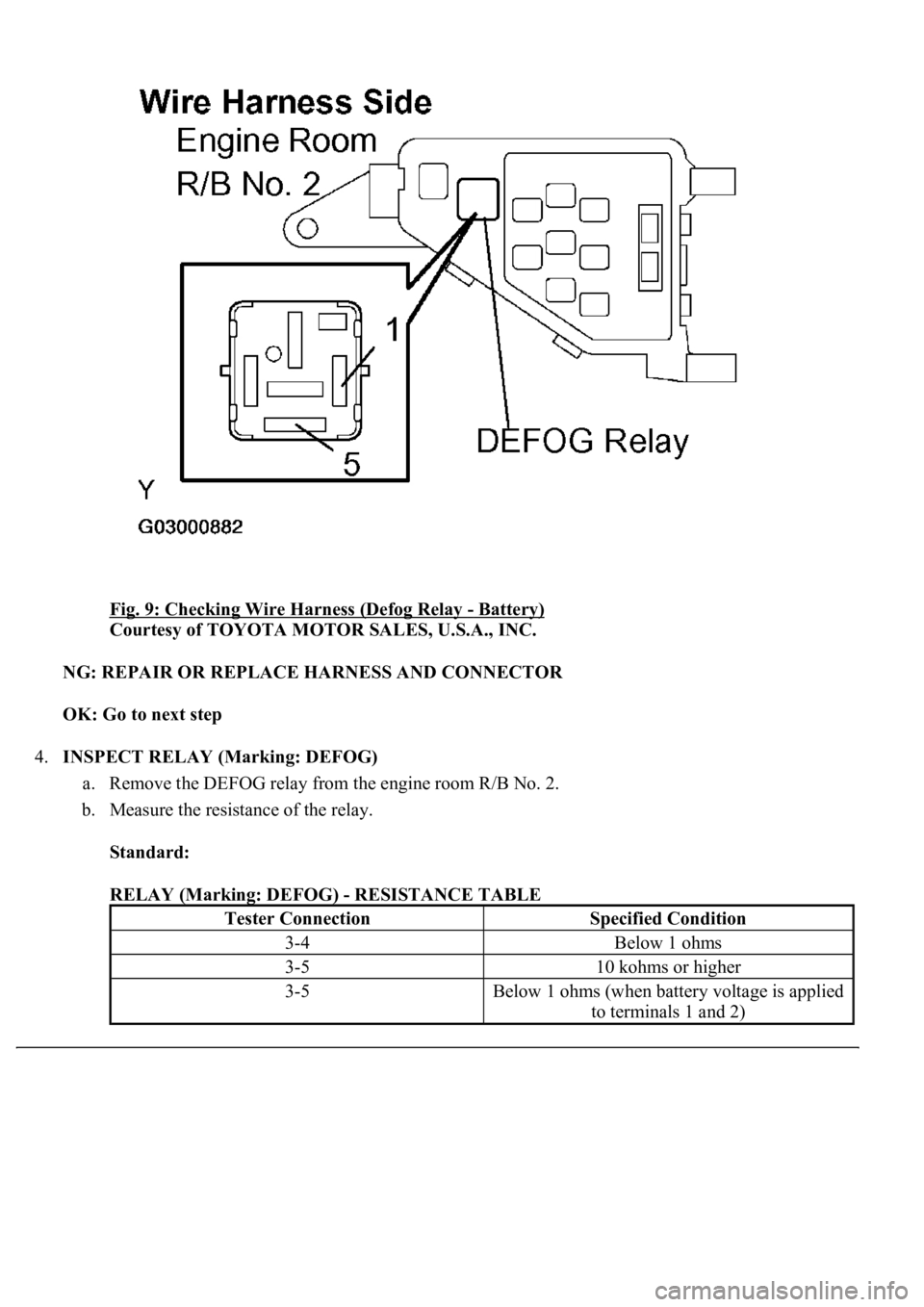 LEXUS LS430 2003 Factory Workshop Manual Fig. 9: Checking Wire Harness (Defog Relay - Battery)
Courtesy of TOYOTA MOTOR SALES, U.S.A., INC.
NG: REPAIR OR REPLACE HARNESS AND CONNECTOR
OK: Go to next step
4.INSPECT RELAY (Marking: DEFOG LEXUS LS430 2003 Factory Workshop Manual Fig. 9: Checking Wire Harness (Defog Relay - Battery)
Courtesy of TOYOTA MOTOR SALES, U.S.A., INC.
NG: REPAIR OR REPLACE HARNESS AND CONNECTOR
OK: Go to next step
4.INSPECT RELAY (Marking: DEFOG