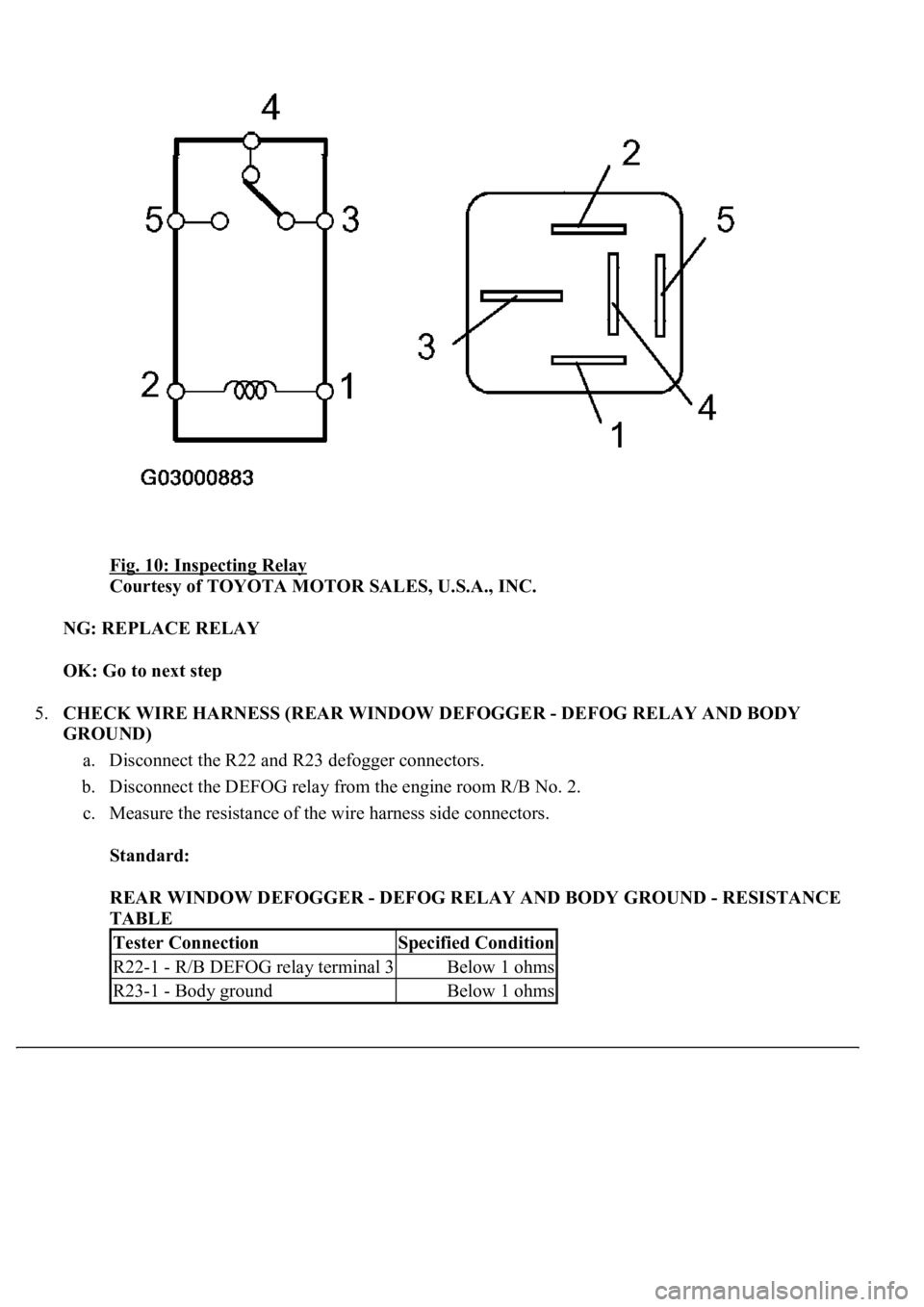 LEXUS LS430 2003 Factory Manual PDF Fig. 10: Inspecting Relay
Courtesy of TOYOTA MOTOR SALES, U.S.A., INC.
NG: REPLACE RELAY
OK: Go to next step
5.CHECK WIRE HARNESS (REAR WINDOW DEFOGGER - DEFOG RELAY AND BODY
GROUND)
a. Discon LEXUS LS430 2003 Factory Manual PDF Fig. 10: Inspecting Relay
Courtesy of TOYOTA MOTOR SALES, U.S.A., INC.
NG: REPLACE RELAY
OK: Go to next step
5.CHECK WIRE HARNESS (REAR WINDOW DEFOGGER - DEFOG RELAY AND BODY
GROUND)
a. Discon