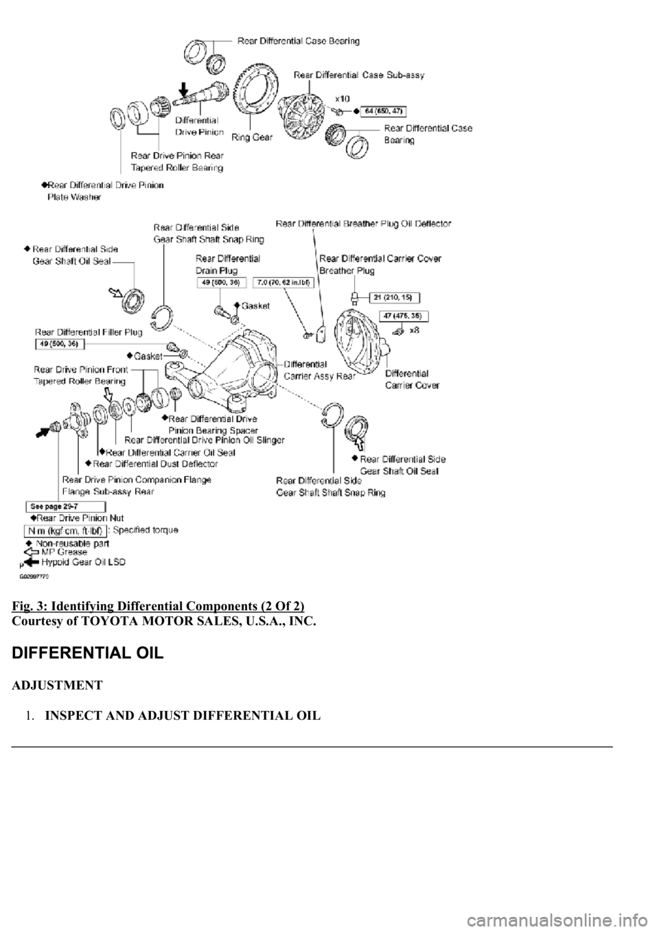 LEXUS LS430 2003  Factory Repair Manual Fig. 3: Identifying Differential Components (2 Of 2) 
Courtesy of TOYOTA MOTOR SALES, U.S.A., INC. 
ADJUSTMENT 
1.INSPECT AND ADJUST DIFFERENTIAL OIL 