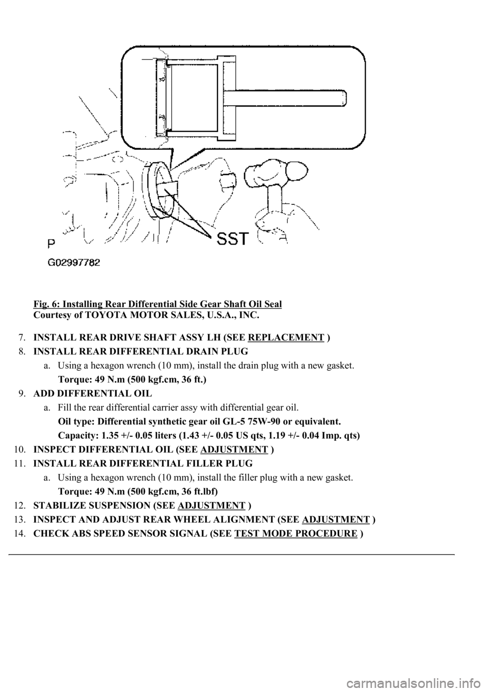 LEXUS LS430 2003 Factory Repair Manual Fig. 6: Installing Rear Differential Side Gear Shaft Oil Seal
Courtesy of TOYOTA MOTOR SALES, U.S.A., INC.
7.INSTALL REAR DRIVE SHAFT ASSY LH (SEE REPLACEMENT
)
8.INSTALL REAR DIFFERENTIAL DRAIN LEXUS LS430 2003 Factory Repair Manual Fig. 6: Installing Rear Differential Side Gear Shaft Oil Seal
Courtesy of TOYOTA MOTOR SALES, U.S.A., INC.
7.INSTALL REAR DRIVE SHAFT ASSY LH (SEE REPLACEMENT
)
8.INSTALL REAR DIFFERENTIAL DRAIN