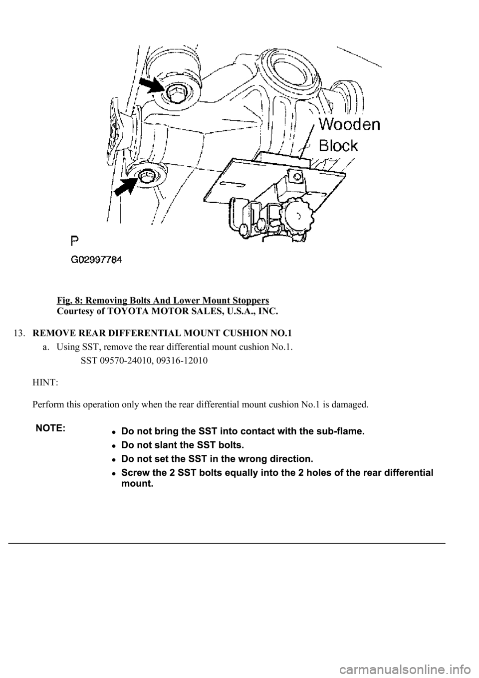 LEXUS LS430 2003  Factory Repair Manual Fig. 8: Removing Bolts And Lower Mount Stoppers 
Courtesy of TOYOTA MOTOR SALES, U.S.A., INC. 
13.REMOVE REAR DIFFERENTIAL MOUNT CUSHION NO.1 
a. Using SST, remove the rear differential mount cushion 