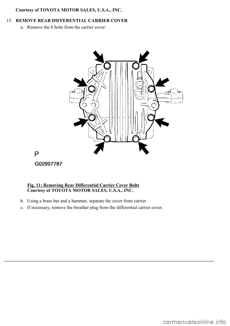 LEXUS LS430 2003  Factory Repair Manual Courtesy of TOYOTA MOTOR SALES, U.S.A., INC.
15.REMOVE REAR DIFFERENTIAL CARRIER COVER 
a. Remove the 8 bolts from the carrier cover. 
Fig. 11: Removing Rear Differential Carrier Cover Bolts
 
Courtes