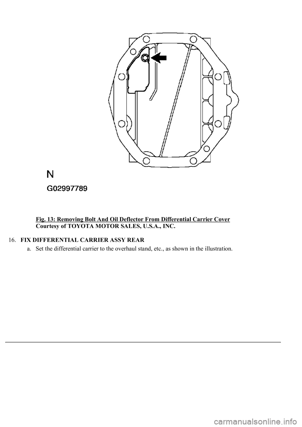 LEXUS LS430 2003  Factory Repair Manual Fig. 13: Removing Bolt And Oil Deflector From Differential Carrier Cover 
Courtesy of TOYOTA MOTOR SALES, U.S.A., INC. 
16.FIX DIFFERENTIAL CARRIER ASSY REAR 
a. Set the differential carrier to the ov