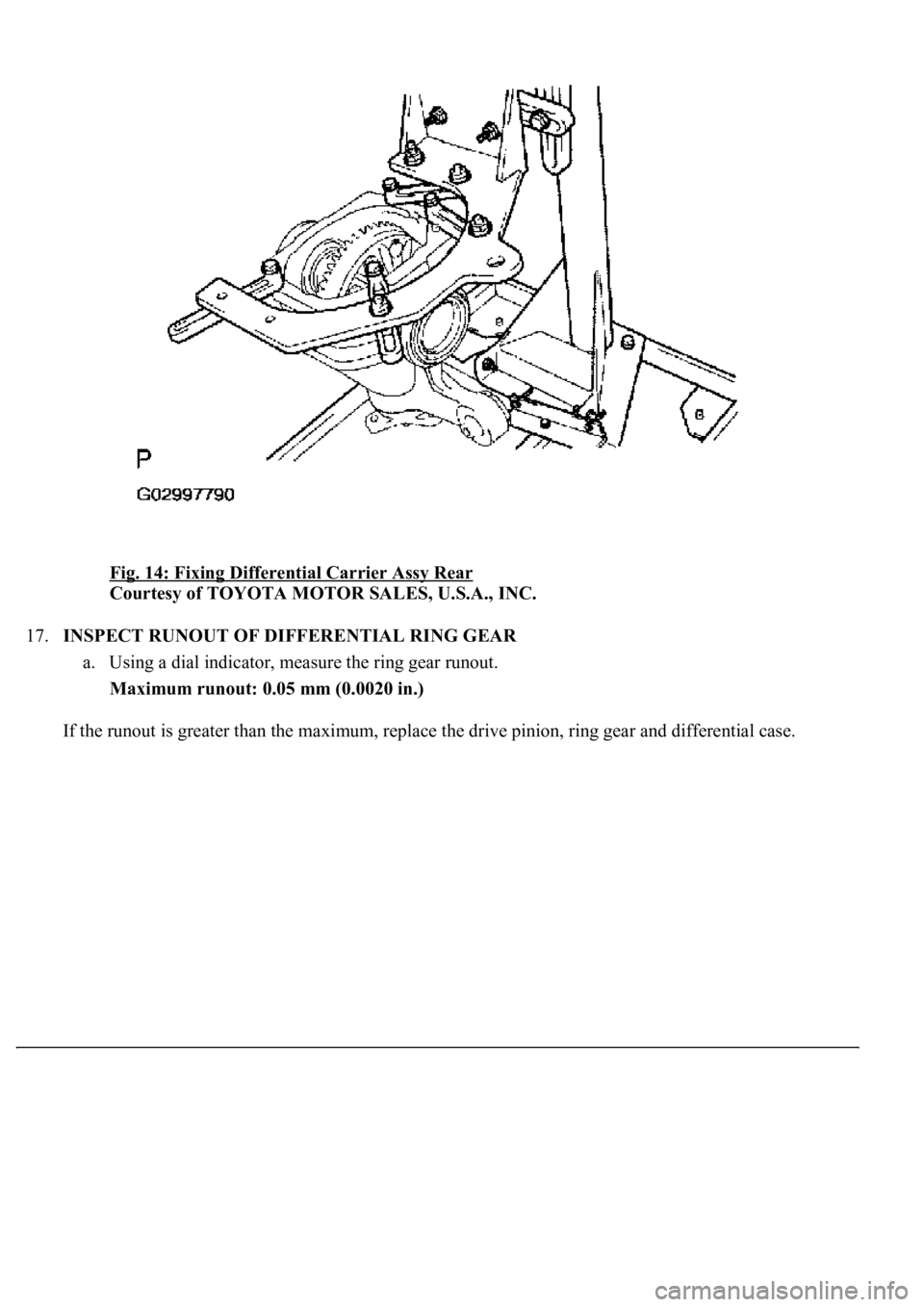LEXUS LS430 2003  Factory Repair Manual Fig. 14: Fixing Differential Carrier Assy Rear 
Courtesy of TOYOTA MOTOR SALES, U.S.A., INC. 
17.INSPECT RUNOUT OF DIFFERENTIAL RING GEAR 
a. Using a dial indicator, measure the ring gear runout.  
Ma