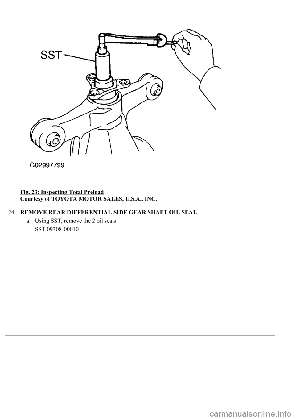 LEXUS LS430 2003  Factory Repair Manual Fig. 23: Inspecting Total Preload 
Courtesy of TOYOTA MOTOR SALES, U.S.A., INC. 
24.REMOVE REAR DIFFERENTIAL SIDE GEAR SHAFT OIL SEAL 
a. Using SST, remove the 2 oil seals.  
SST 09308-00010   
