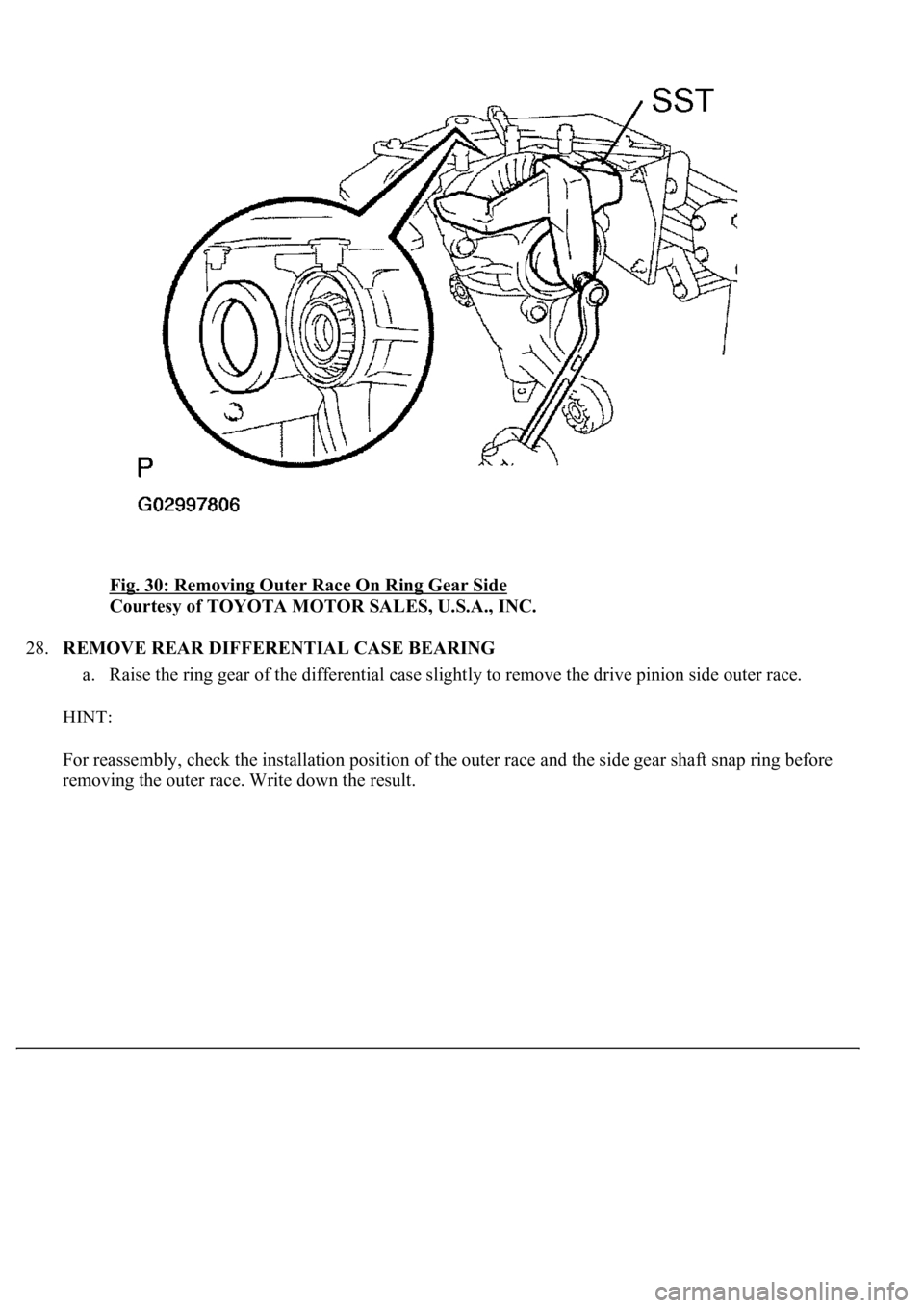 LEXUS LS430 2003  Factory Repair Manual Fig. 30: Removing Outer Race On Ring Gear Side 
Courtesy of TOYOTA MOTOR SALES, U.S.A., INC. 
28.REMOVE REAR DIFFERENTIAL CASE BEARING 
a. Raise the ring gear of the differential case slightly to remo