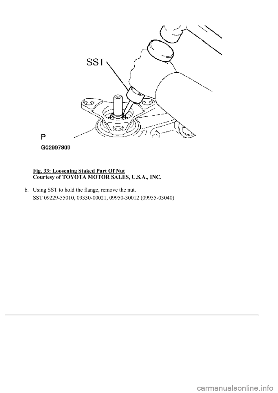 LEXUS LS430 2003  Factory Repair Manual Fig. 33: Loosening Staked Part Of Nut 
Courtesy of TOYOTA MOTOR SALES, U.S.A., INC. 
b. Using SST to hold the flange, remove the nut.  
SST 09229-55010, 09330-00021, 09950-30012 (09955-03040)  