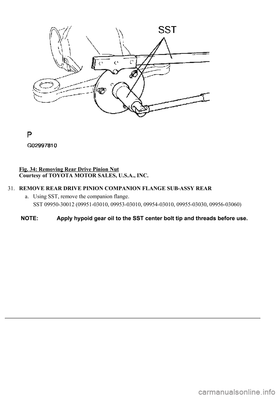 LEXUS LS430 2003  Factory Repair Manual Fig. 34: Removing Rear Drive Pinion Nut 
Courtesy of TOYOTA MOTOR SALES, U.S.A., INC. 
31.REMOVE REAR DRIVE PINION COMPANION FLANGE SUB-ASSY REAR 
a. Using SST, remove the companion flange.  
SST 0995