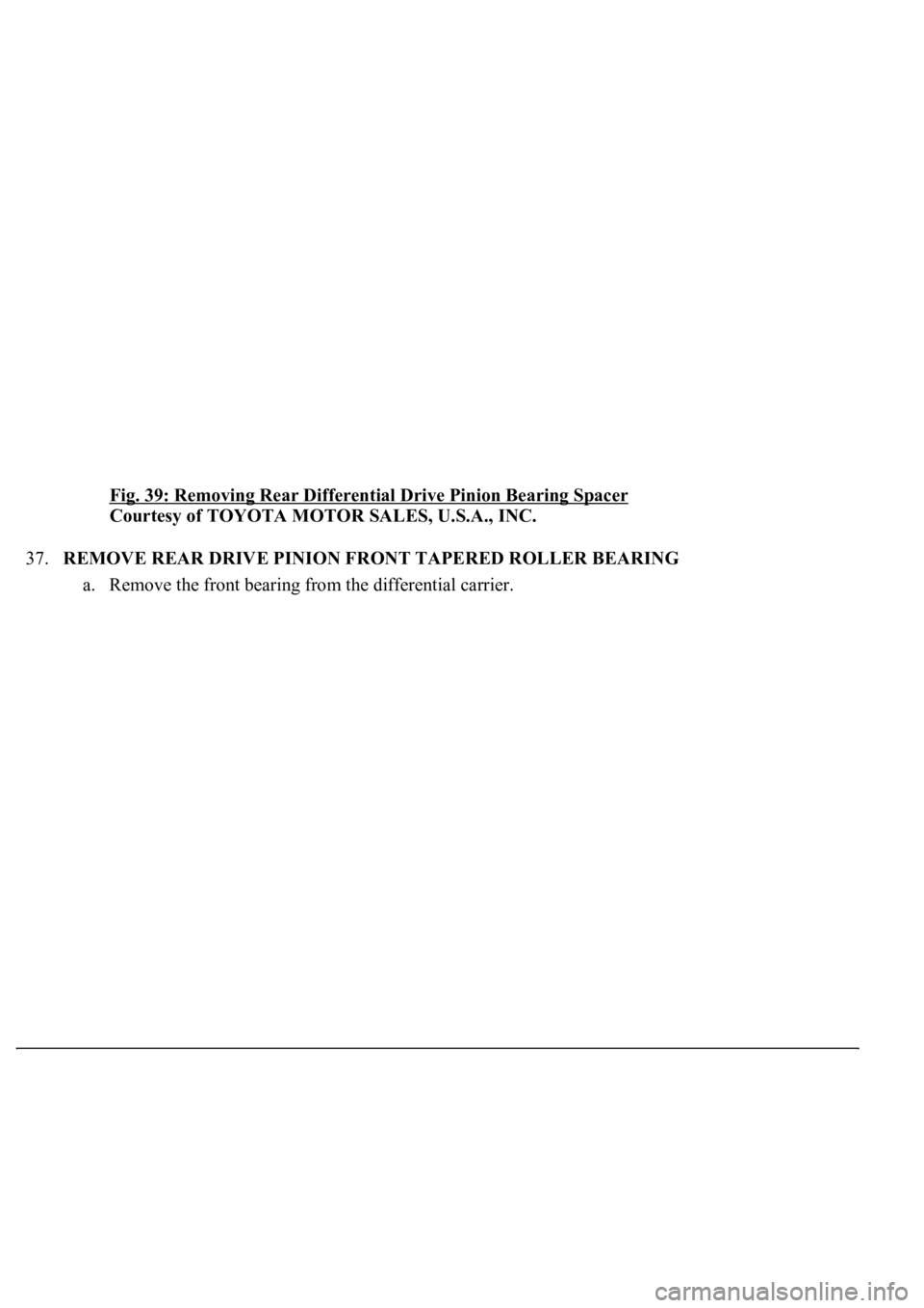 LEXUS LS430 2003  Factory Repair Manual Fig. 39: Removing Rear Differential Drive Pinion Bearing Spacer 
Courtesy of TOYOTA MOTOR SALES, U.S.A., INC. 
37.REMOVE REAR DRIVE PINION FRONT TAPERED ROLLER BEARING 
a. Remove the front bearing fro