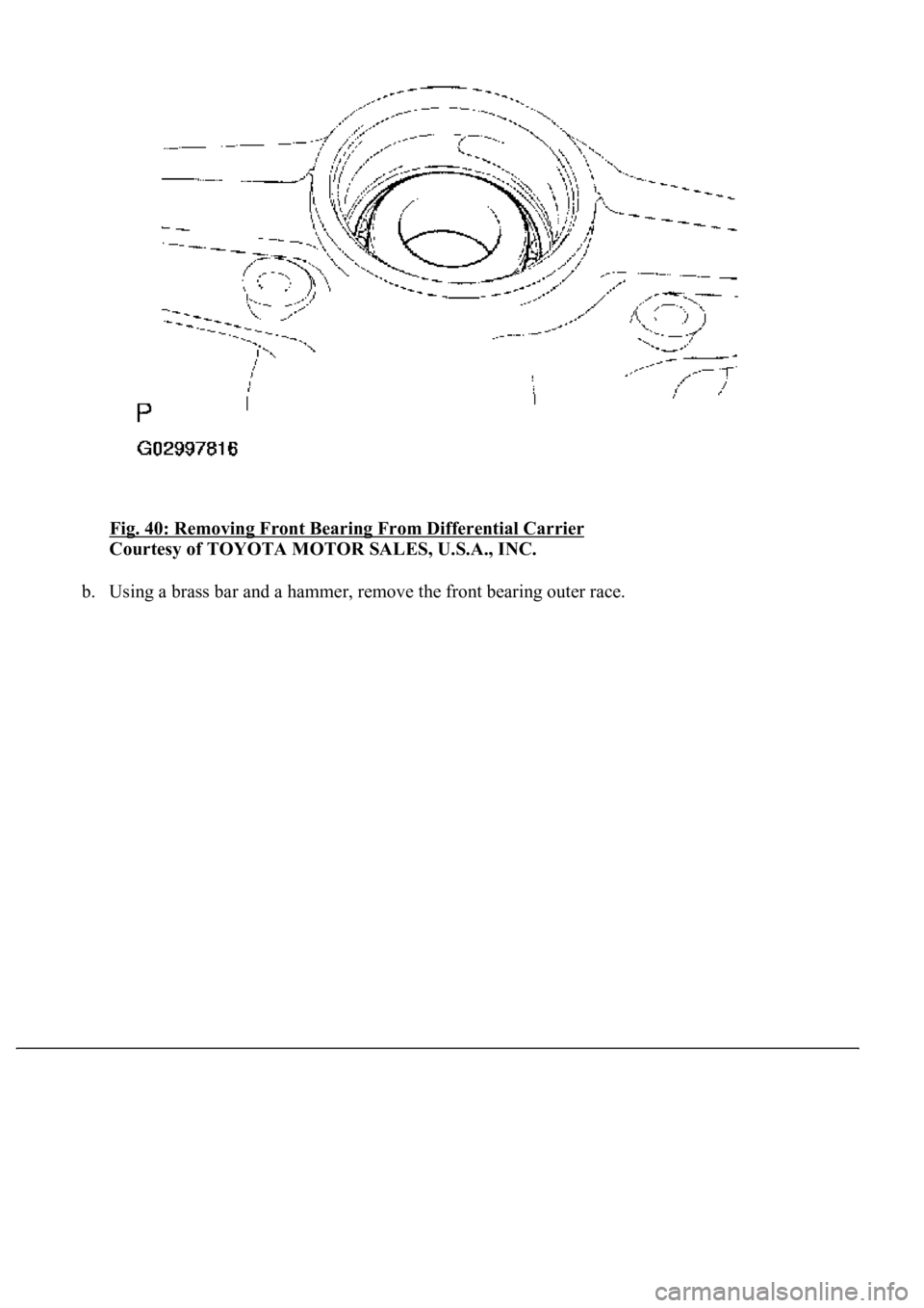 LEXUS LS430 2003  Factory Repair Manual Fig. 40: Removing Front Bearing From Differential Carrier 
Courtesy of TOYOTA MOTOR SALES, U.S.A., INC. 
b.Using a brass bar and a hammer, remove the front bearing outer race.  