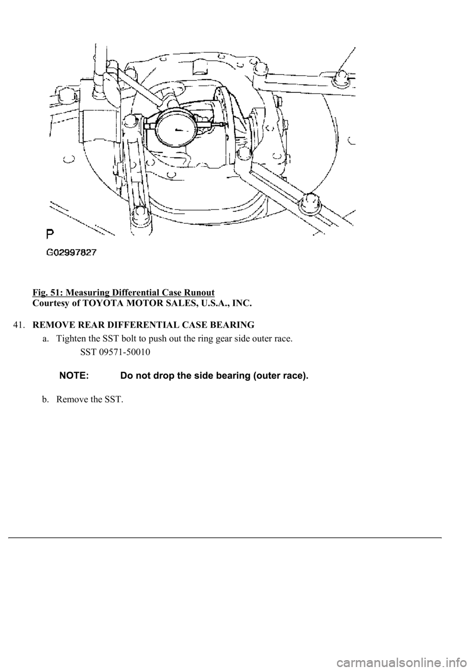 LEXUS LS430 2003  Factory Repair Manual Fig. 51: Measuring Differential Case Runout 
Courtesy of TOYOTA MOTOR SALES, U.S.A., INC. 
41.REMOVE REAR DIFFERENTIAL CASE BEARING 
a. Tighten the SST bolt to push out the ring gear side outer race. 