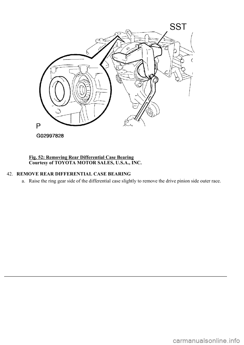 LEXUS LS430 2003  Factory Repair Manual Fig. 52: Removing Rear Differential Case Bearing 
Courtesy of TOYOTA MOTOR SALES, U.S.A., INC. 
42.REMOVE REAR DIFFERENTIAL CASE BEARING 
a. Raise the rin
g gear side of the differential case slightly