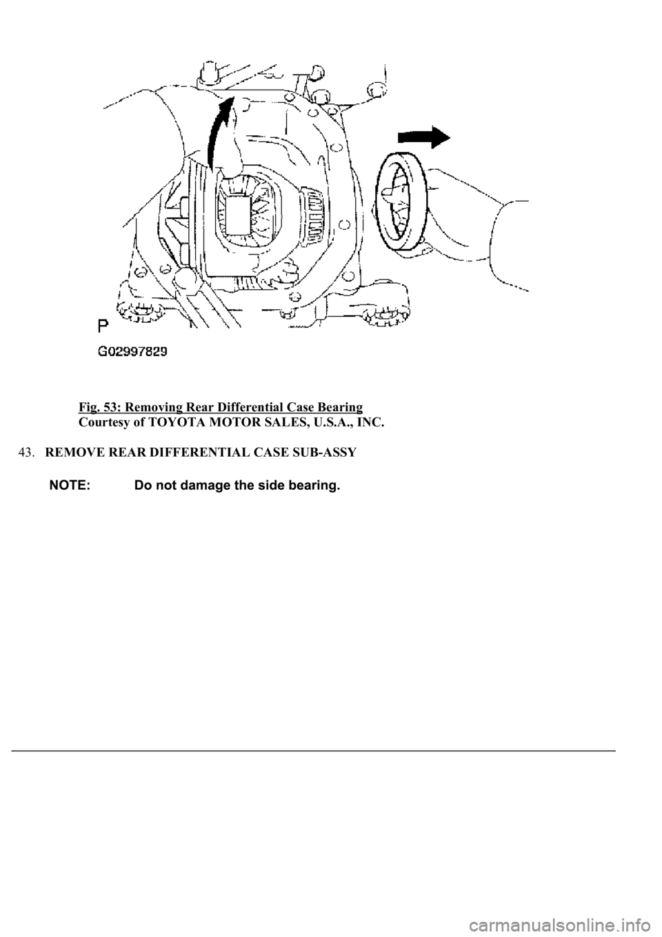 LEXUS LS430 2003  Factory Repair Manual Fig. 53: Removing Rear Differential Case Bearing 
Courtesy of TOYOTA MOTOR SALES, U.S.A., INC. 
43.REMOVE REAR DIFFERENTIAL CASE SUB-ASSY  
