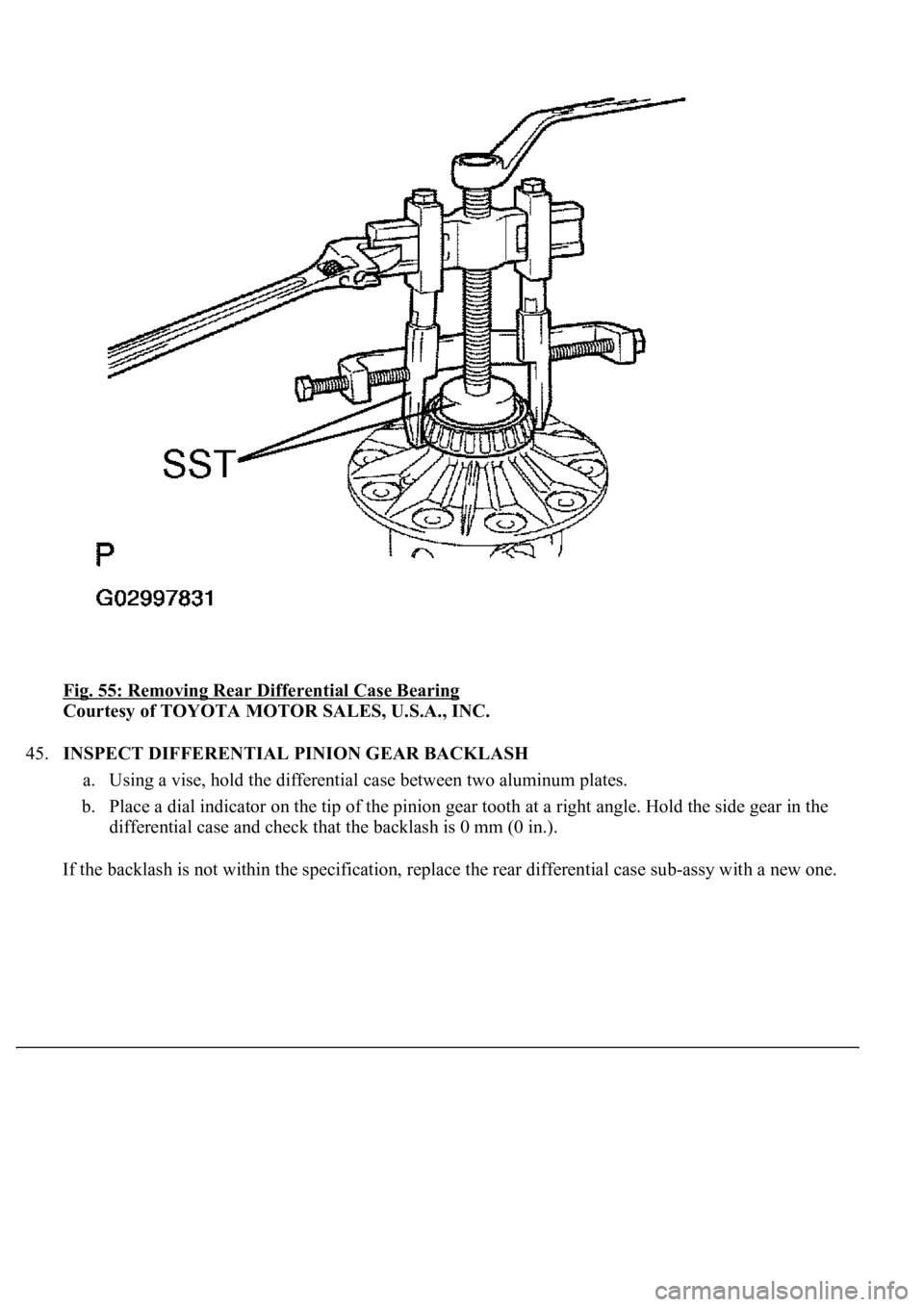 LEXUS LS430 2003  Factory Repair Manual Fig. 55: Removing Rear Differential Case Bearing 
Courtesy of TOYOTA MOTOR SALES, U.S.A., INC. 
45.INSPECT DIFFERENTIAL PINION GEAR BACKLASH 
a. Using a vise, hold the differential case between two al
