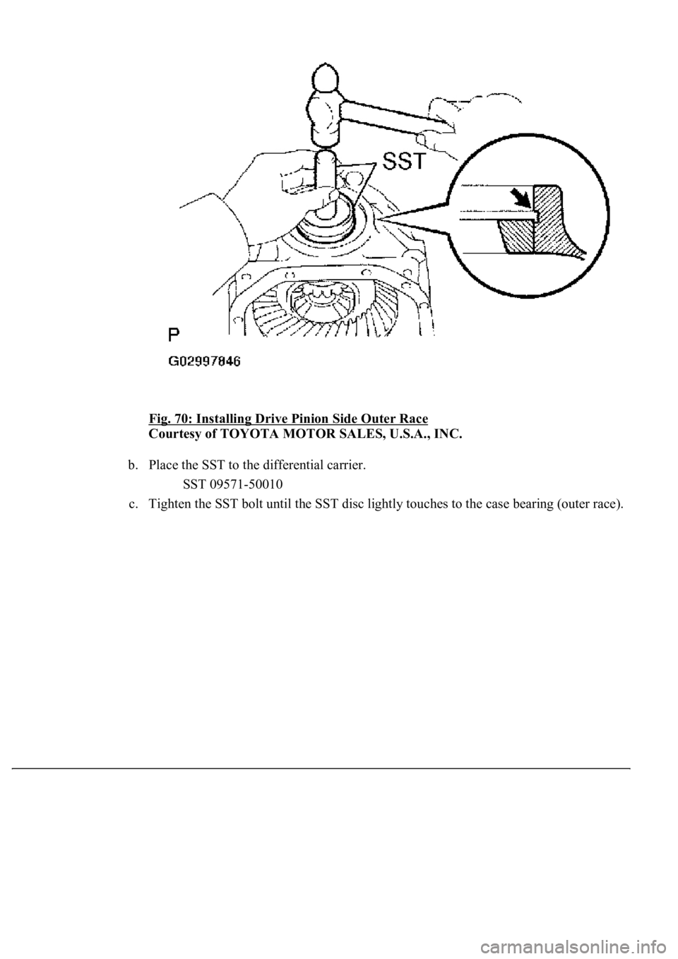 LEXUS LS430 2003  Factory Repair Manual Fig. 70: Installing Drive Pinion Side Outer Race 
Courtesy of TOYOTA MOTOR SALES, U.S.A., INC. 
b. Place the SST to the differential carrier. 
SST 09571-50010  
c. Ti
ghten the SST bolt until the SST 