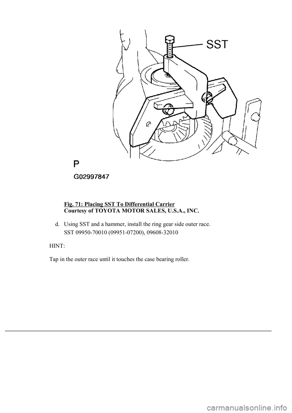 LEXUS LS430 2003  Factory Repair Manual Fig. 71: Placing SST To Differential Carrier 
Courtesy of TOYOTA MOTOR SALES, U.S.A., INC. 
d. Using SST and a hammer, install the ring gear side outer race.  
SST 09950-70010 (09951-07200), 09608-320