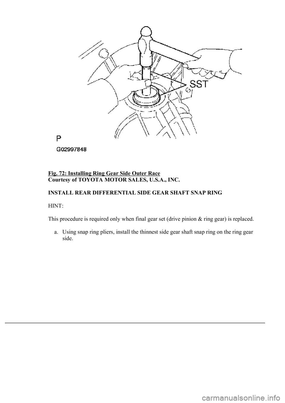 LEXUS LS430 2003  Factory Repair Manual Fig. 72: Installing Ring Gear Side Outer Race 
Courtesy of TOYOTA MOTOR SALES, U.S.A., INC. 
INSTALL REAR DIFFERENTIAL SIDE GEAR SHAFT SNAP RING 
HINT: 
This procedure is required only when final gear