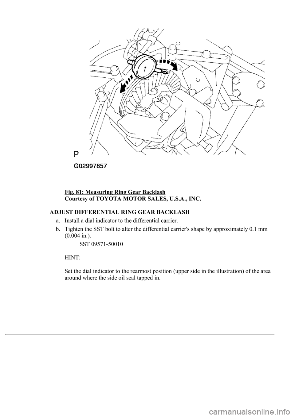 LEXUS LS430 2003  Factory Repair Manual Fig. 81: Measuring Ring Gear Backlash 
Courtesy of TOYOTA MOTOR SALES, U.S.A., INC. 
ADJUST DIFFERENTIAL RING GEAR BACKLASH 
a. Install a dial indicator to the differential carrier.  
b. Tighten the S