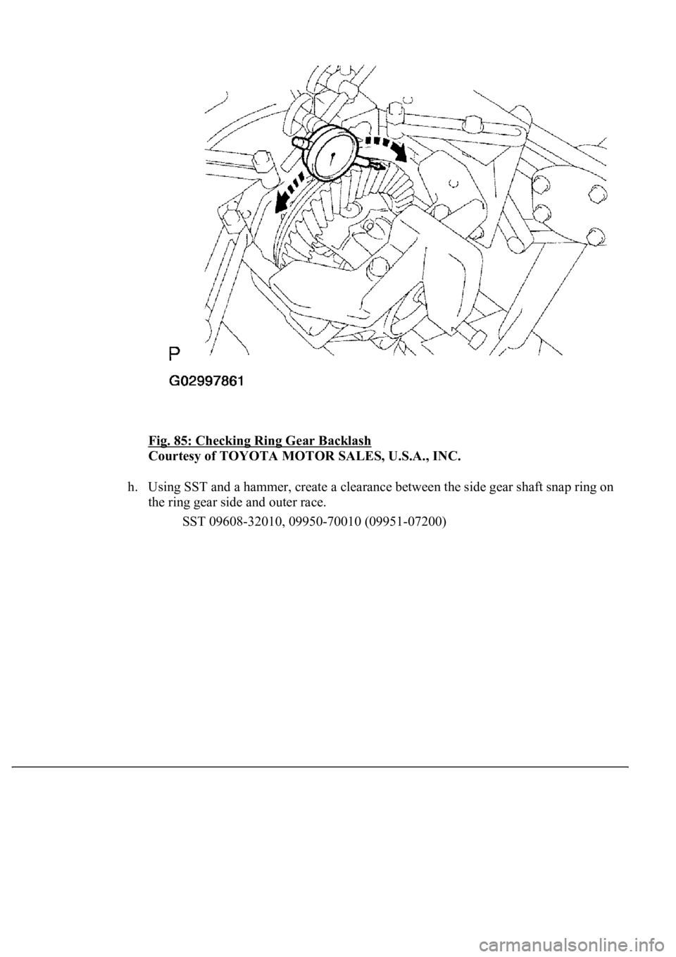 LEXUS LS430 2003  Factory Repair Manual Fig. 85: Checking Ring Gear Backlash 
Courtesy of TOYOTA MOTOR SALES, U.S.A., INC. 
h. Using SST and a hammer, create a clearance between the side gear shaft snap ring on 
the ring gear side and outer