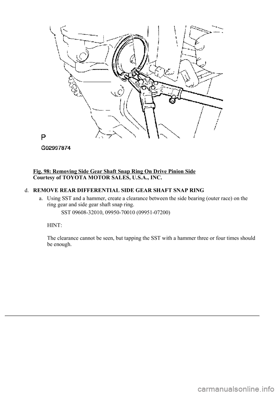 LEXUS LS430 2003  Factory Repair Manual Fig. 98: Removing Side Gear Shaft Snap Ring On Drive Pinion Side 
Courtesy of TOYOTA MOTOR SALES, U.S.A., INC. 
d.REMOVE REAR DIFFERENTIAL SIDE GEAR SHAFT SNAP RING 
a. Using SST and a hammer, create 