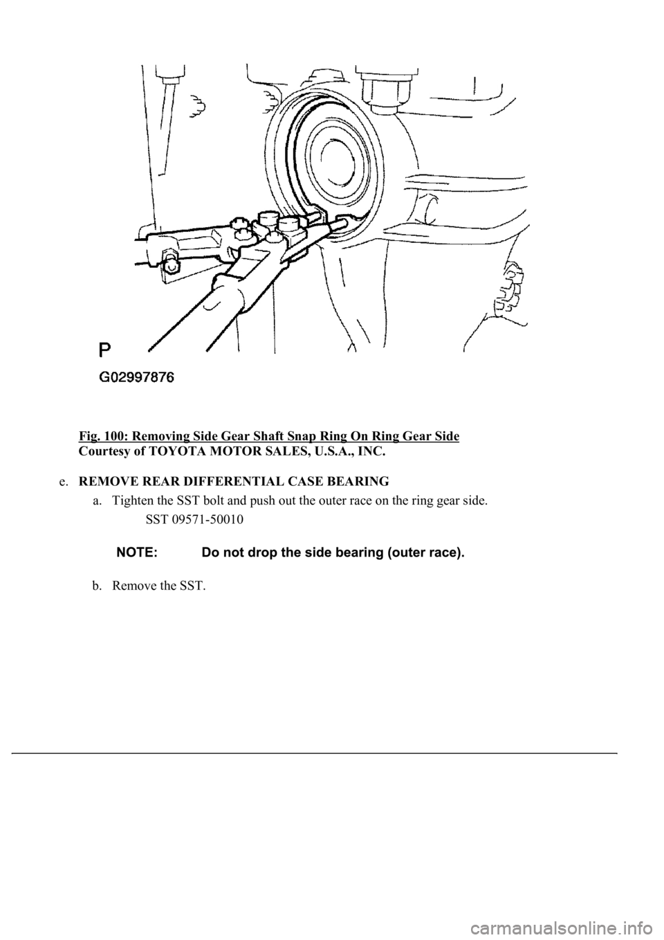 LEXUS LS430 2003  Factory Repair Manual Fig. 100: Removing Side Gear Shaft Snap Ring On Ring Gear Side 
Courtesy of TOYOTA MOTOR SALES, U.S.A., INC. 
e.REMOVE REAR DIFFERENTIAL CASE BEARING 
a. Tighten the SST bolt and push out the outer ra