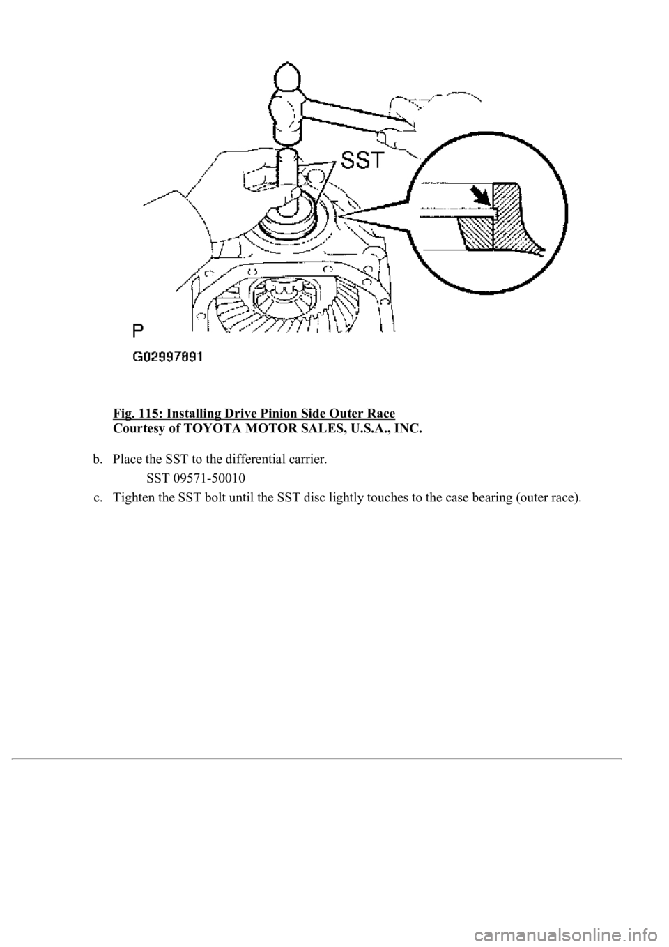 LEXUS LS430 2003  Factory Repair Manual Fig. 115: Installing Drive Pinion Side Outer Race 
Courtesy of TOYOTA MOTOR SALES, U.S.A., INC. 
b. Place the SST to the differential carrier. 
SST 09571-50010  
c. Ti
ghten the SST bolt until the SST