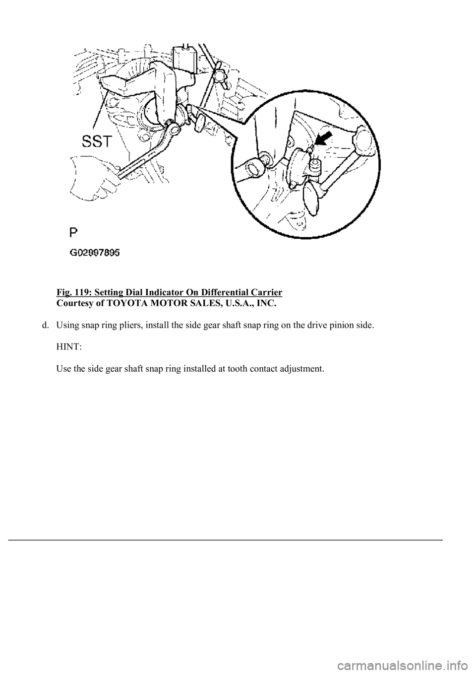 LEXUS LS430 2003  Factory Repair Manual Fig. 119: Setting Dial Indicator On Differential Carrier 
Courtesy of TOYOTA MOTOR SALES, U.S.A., INC. 
d. Using snap ring pliers, install the side gear shaft snap ring on the drive pinion side. 
HINT