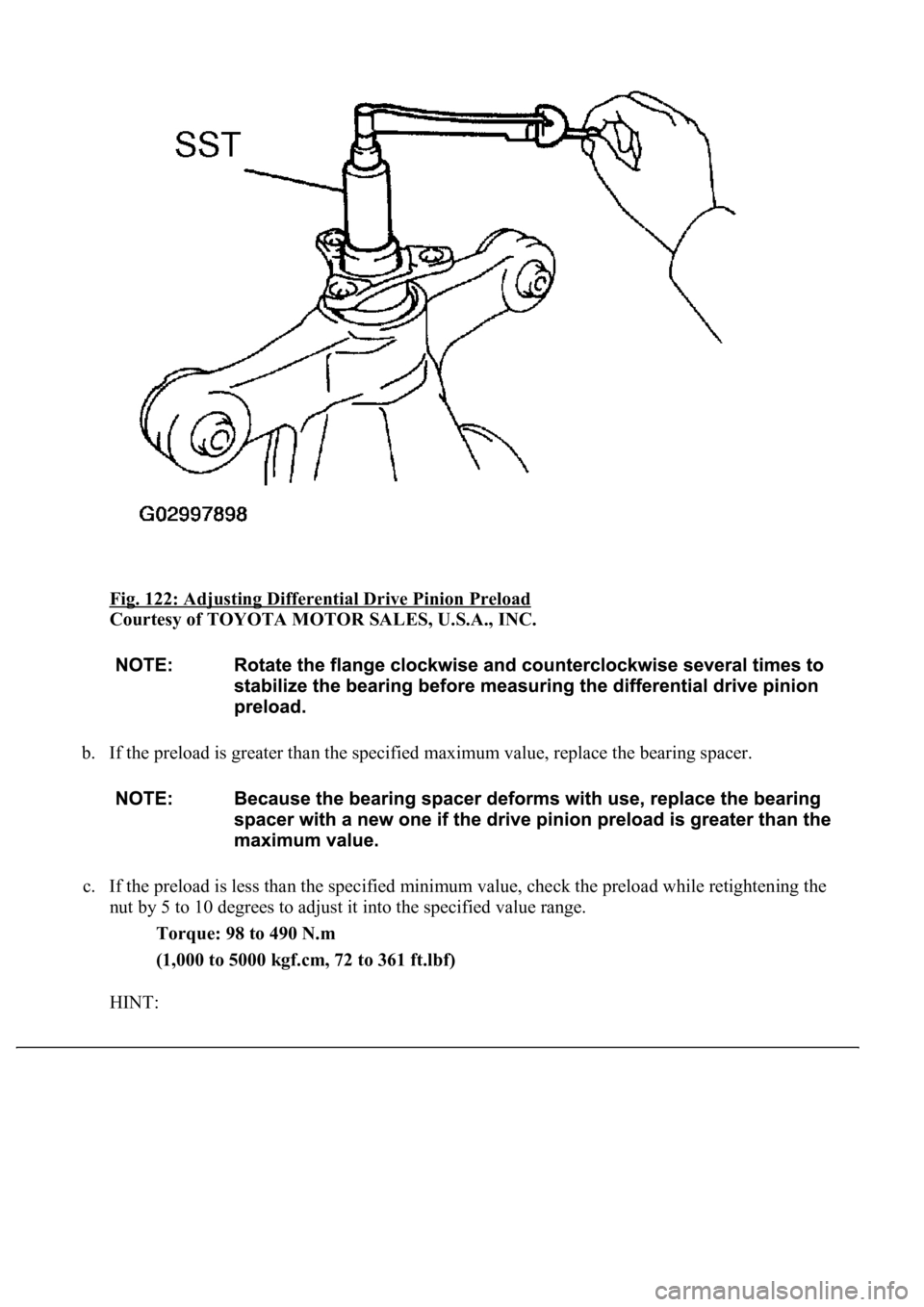 LEXUS LS430 2003  Factory Repair Manual Fig. 122: Adjusting Differential Drive Pinion Preload 
Courtesy of TOYOTA MOTOR SALES, U.S.A., INC. 
b. If the preload is greater than the specified maximum value, replace the bearing spacer. 
c. If t